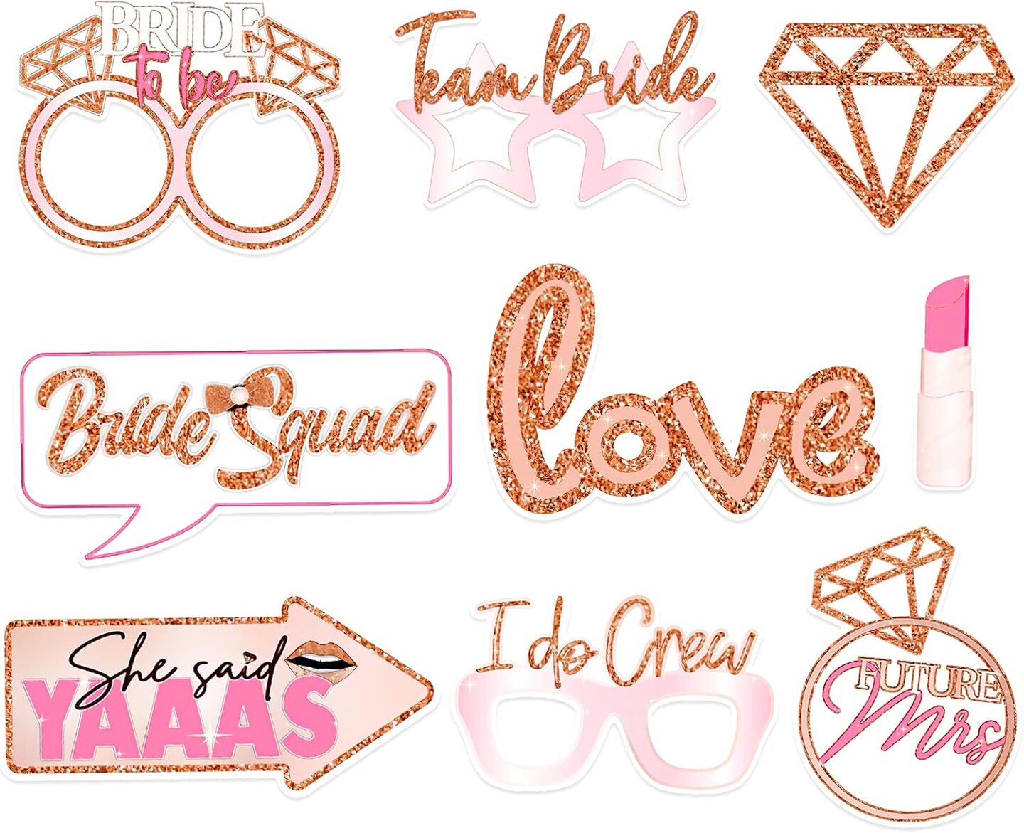 Bridal Shower Photo Booth Props Kit(21 Count), Rose Gold Wedding Hen Party Funny Selfie Props, Bride to Be Night Party Photo Props Decoration Accessories, with Bamboo Sticks& Stickers