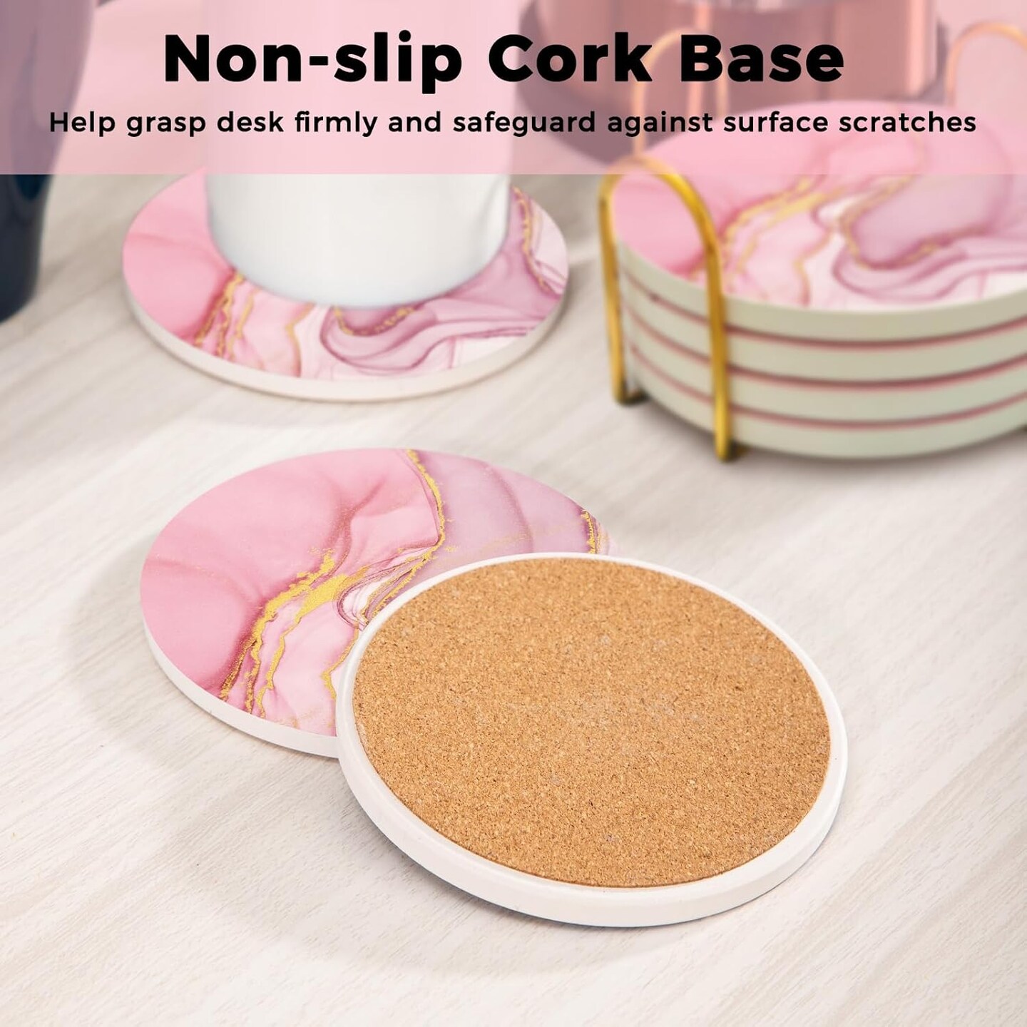 Set of 6 Pink Coasters for Drinks with Gold Holder