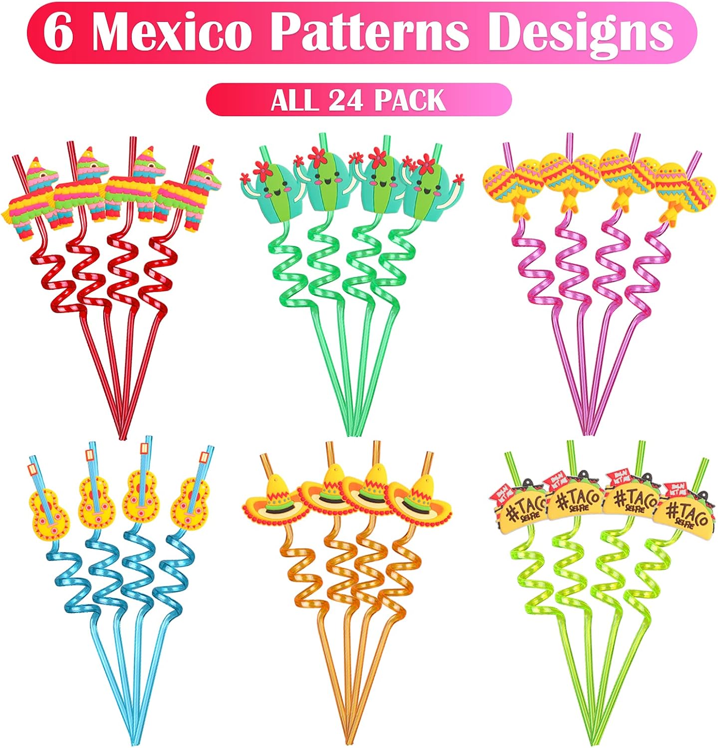24PCS Mexican Fiesta Straws for Party Favors - Plastic Drinking Straws for Cinco De Mayo Party Supplies, Straws for Mexican Fiesta Taco Themed Party Straws for Kids Boys Girls Party Supplies