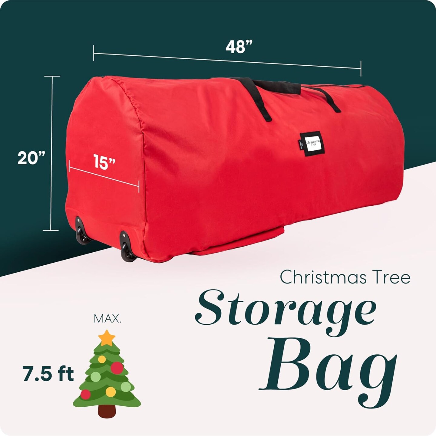Rolling Tree Storage Bag - For 7.5-Foot Artificial Christmas Holiday Tree. Zippered Bag, Carry Handles and Wheels for Easy Transport, Protects Against Dust, Insects, and Moisture (Red)