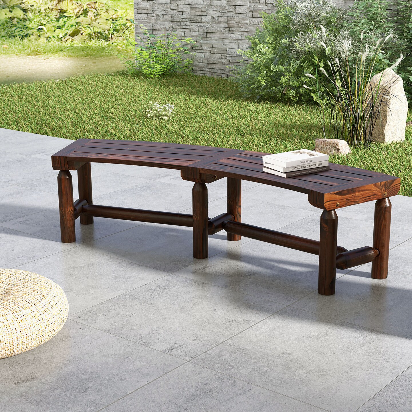 Rustic Brown Outdoor Patio Bench Carbonized Fir & Pine Wood Curved Design