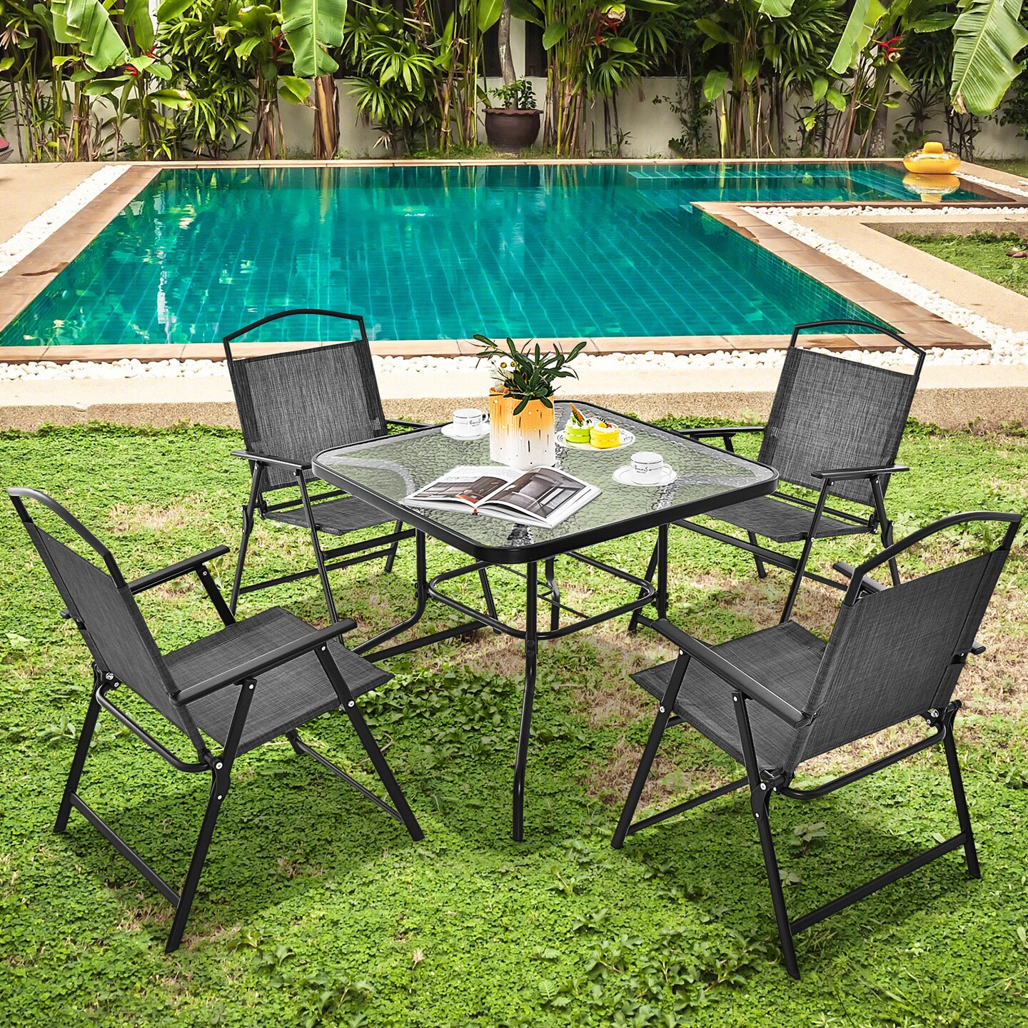 34&#x27;&#x27; Square Outdoor Dining Table Black Tempered Glass Patio Table with 1.5