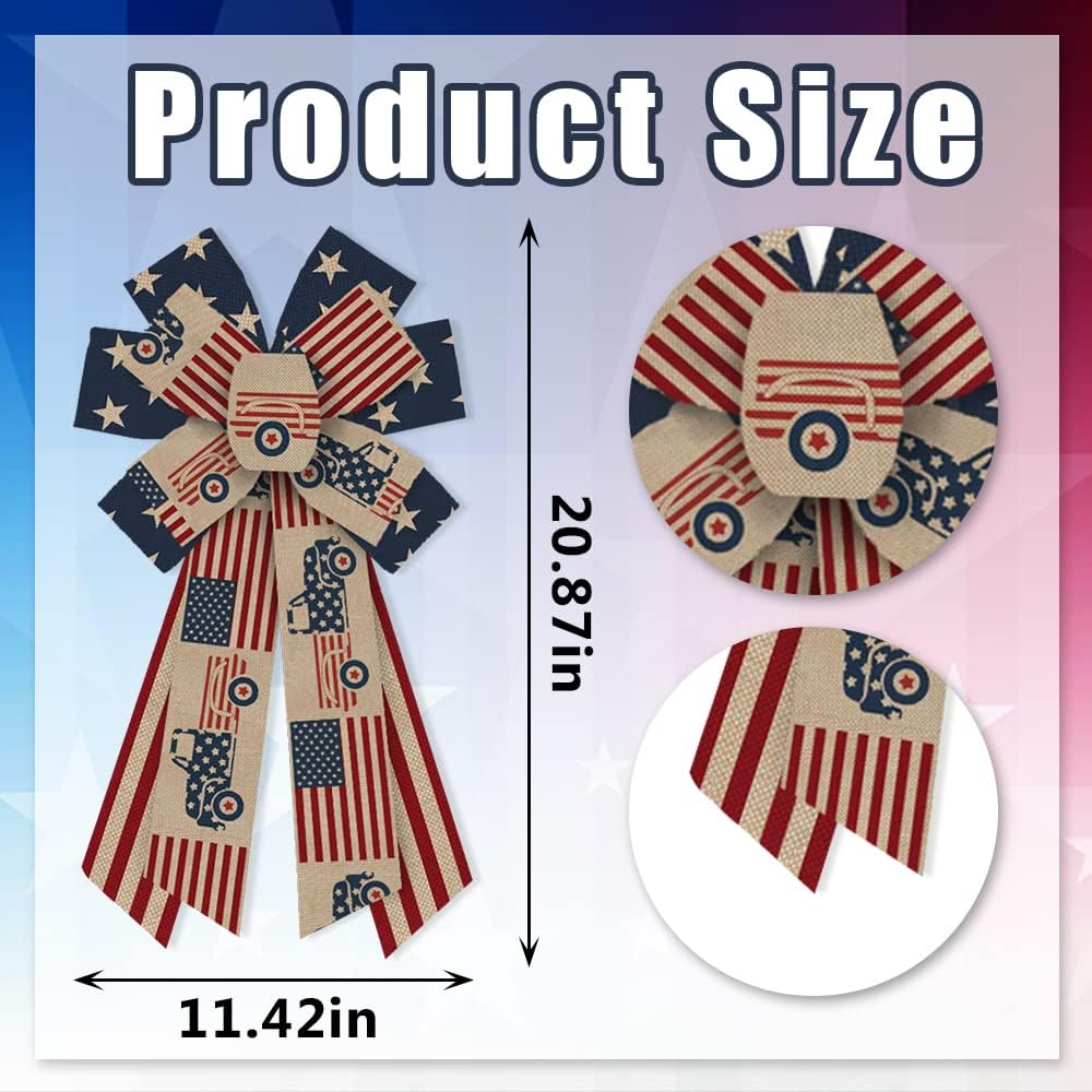 Large 4th of July Bows for Wreath, Patriotic Wreath Bows American Flags Bow Natural Burlap Craft Bow Memorial Day Farmhouse Bows for Front Door Fourth of July Memorial Day Decorations