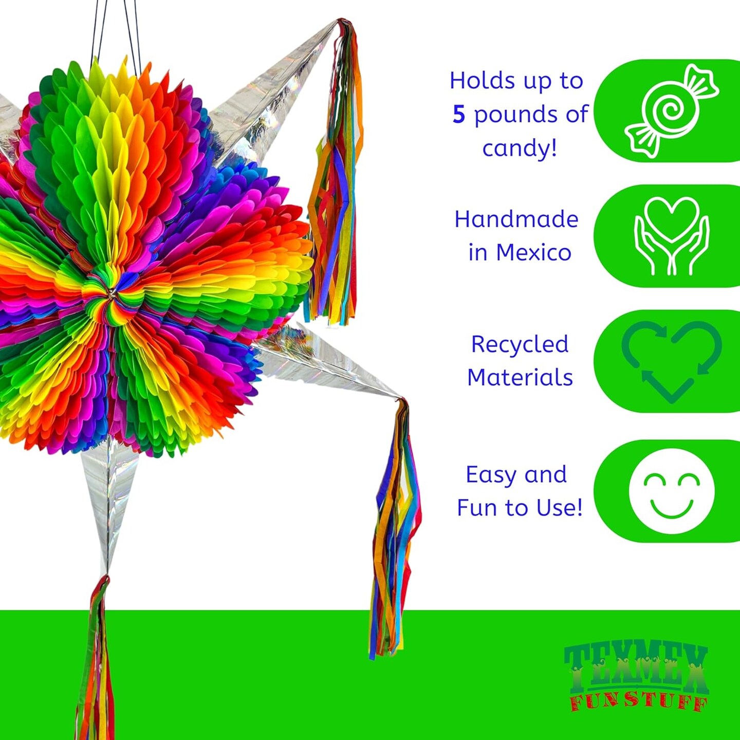 Mexican Star Pinata (33&#x22; Jumbo) with 30-ft Rope | Rainbow Mexican Pi&#xF1;ata | Large Handmade Pi&#xF1;ata for Cinco de Mayo, Birthday Parties, Fiesta Celebrations