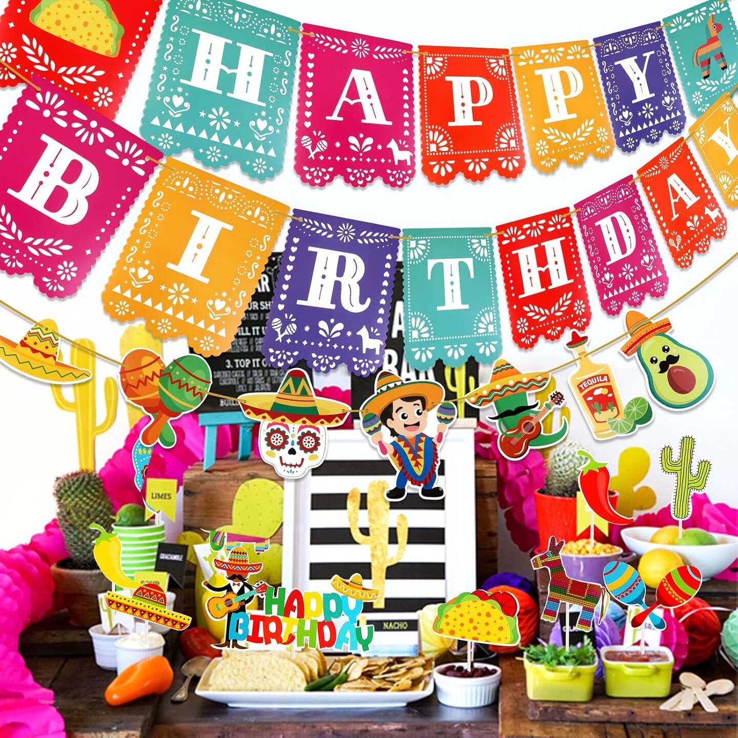 3 Pack Mexican Fiesta Banner Set, Cinco de Mayo Banner for Mexican Themed Party Decoration, Happy Birthday Papel Picado Banner Flag, Taco Hanging Backdrop Banner for Fiesta Party Supplies