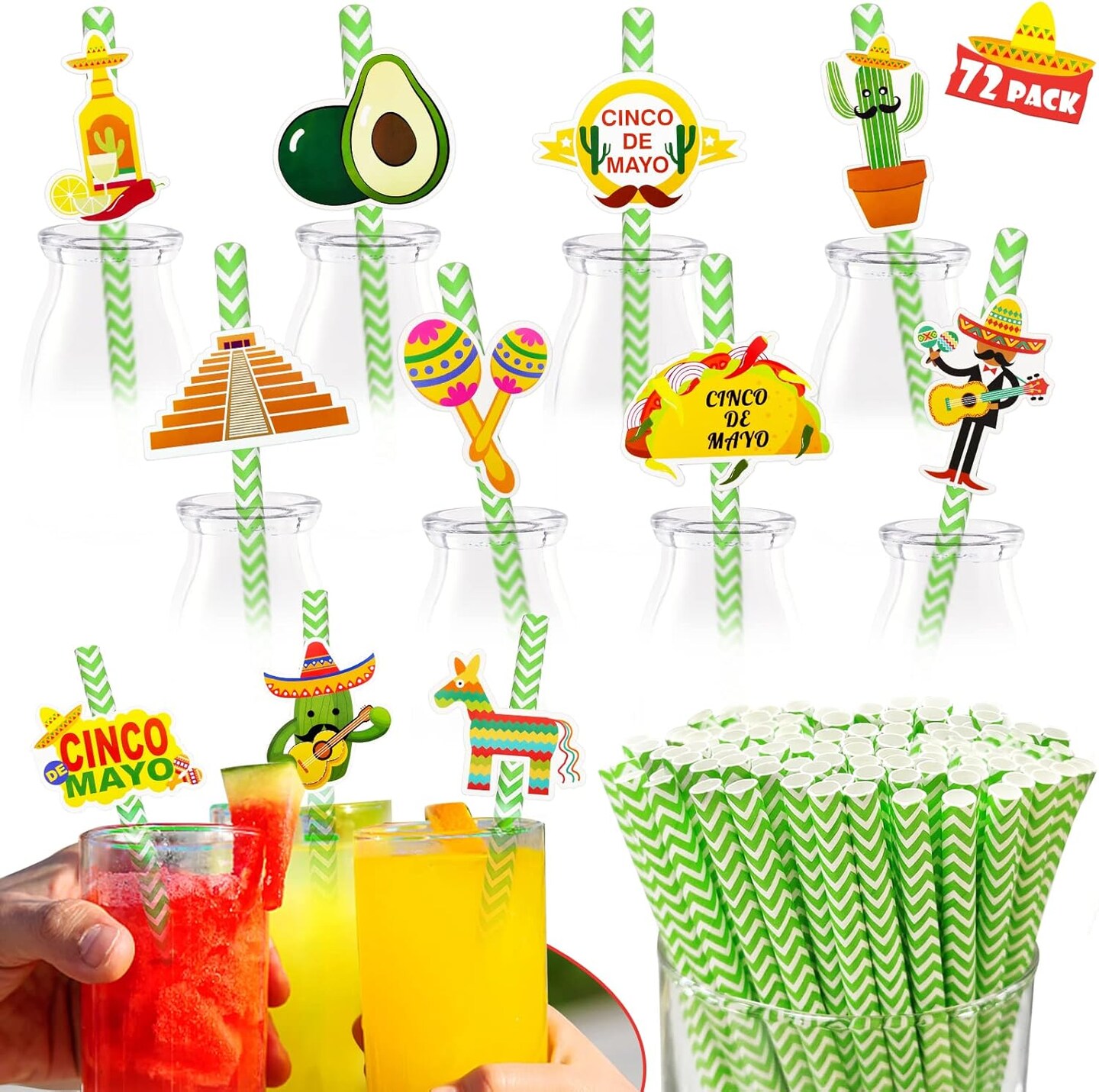 72 Pcs Cinco De Mayo Fiesta Paper Striped Straws Mexican Party Decorations 12 Different Designs for Fun Fiesta Taco Party Supplies Luau Photo Prop Mexican Theme Party Favor Carnival Birthday