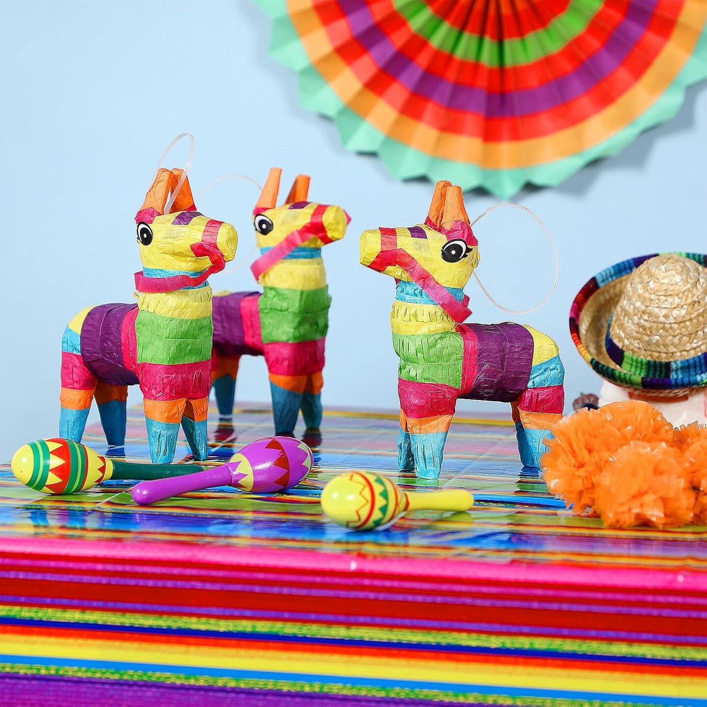 36 Pcs Mexican Fiesta Decor Include 12 Wooden Maracas Bulk 6 Mini Donkey Pi&#xF1;atas Mexican Theme Decorations for Maracas Party Favors Adults Cinco De Mayo Party Props