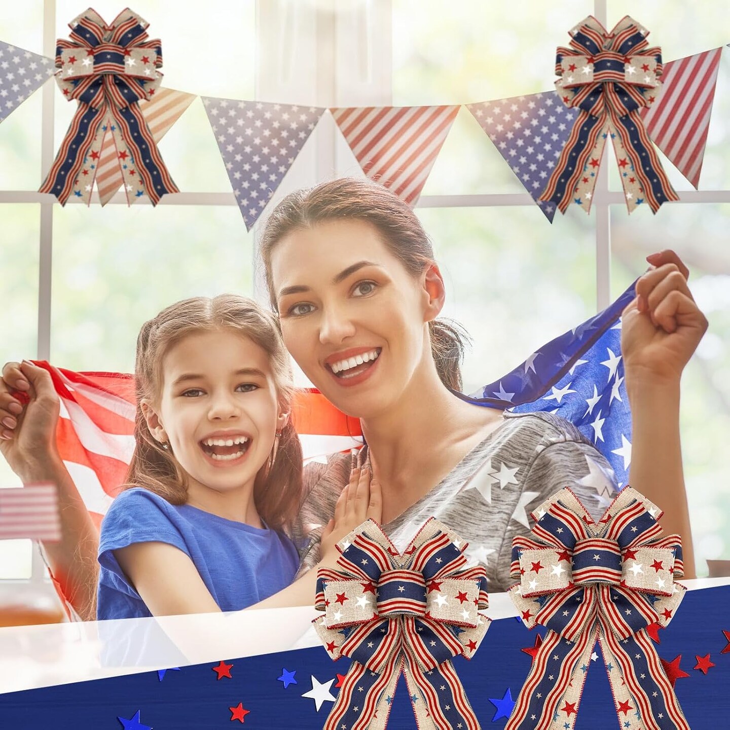 2 Pcs Red White Blue Bows Happy Labor Day Bow American Flag Bow Patriotic Wreath Burlap Bow Memorial Day Tree Topper for Indoor Outdoor Independence Day Party Decoration