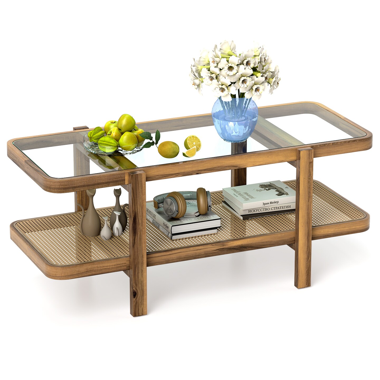 Rustic Acacia Wood Coffee Table with Tempered Glass Top & PE Rattan Shelf