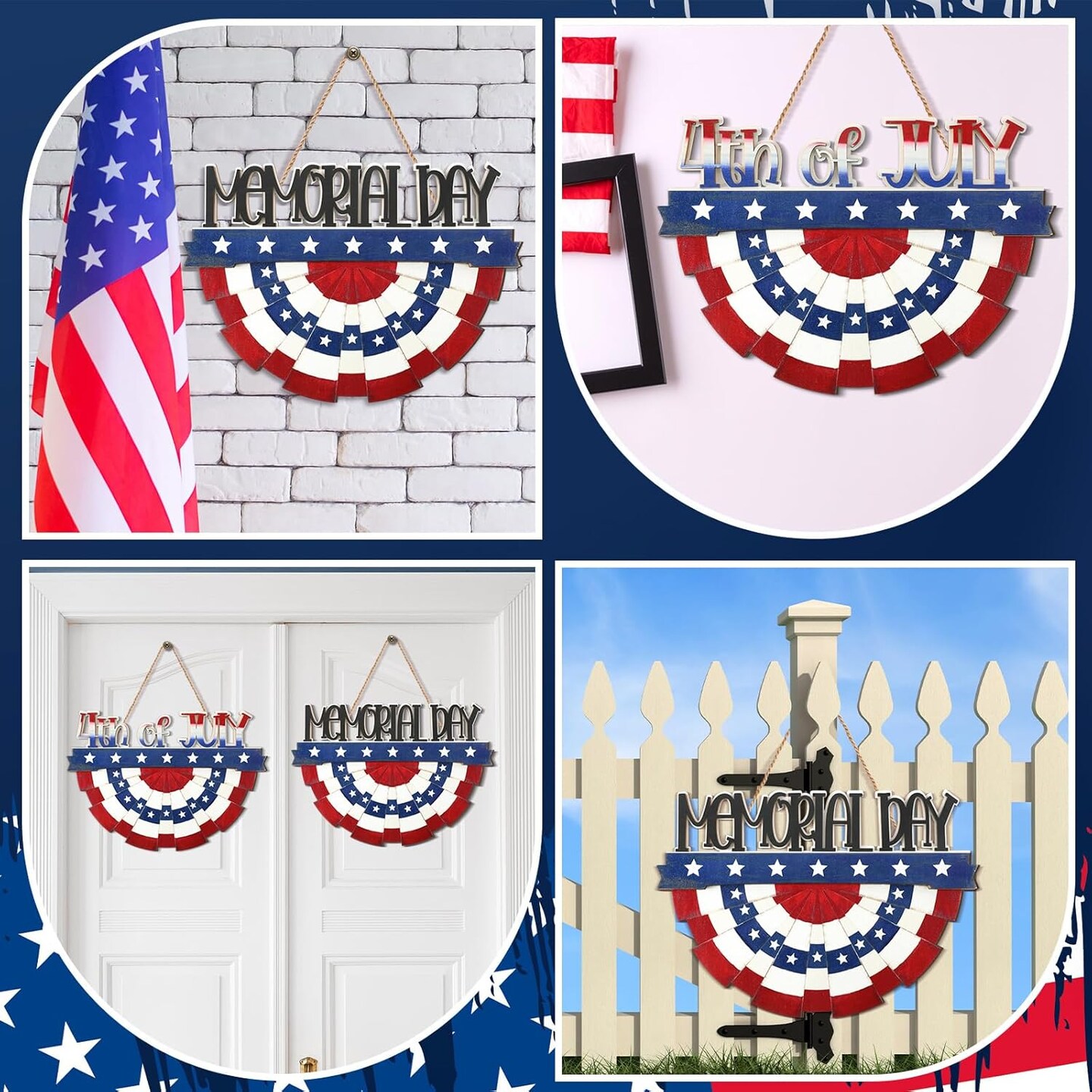 4th of July Decorations Patriotic Door Sign Wooden Memorial Day Wreath Red White Blue American Flag Door Hanger Independence Day Decor for Front Porch Wall Home Outdoor