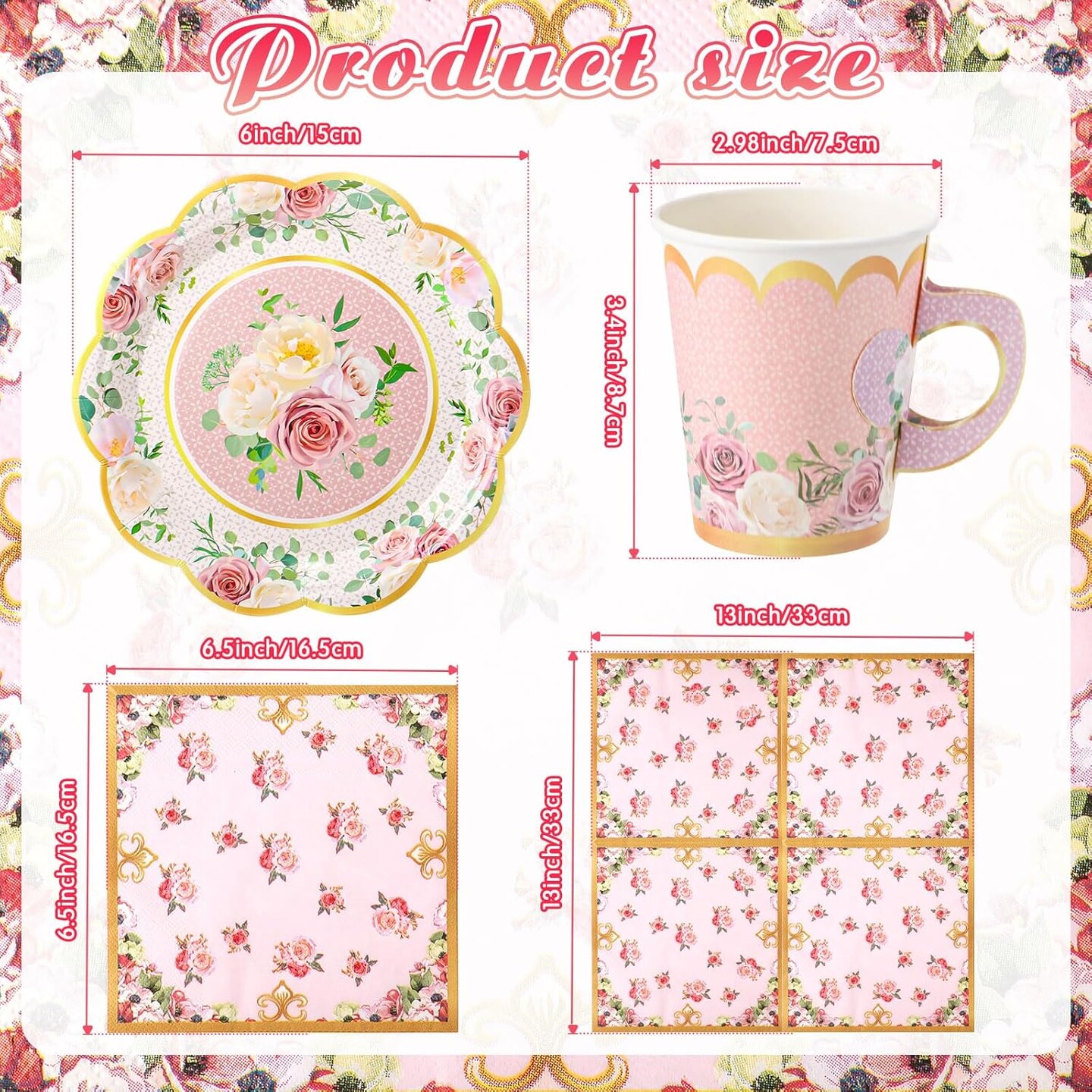 150 Pcs Tea Party Decorations for Tables 9 oz Floral Disposable Paper Tea Cups with Handles Plates Saucers Napkins for Summer Spring Party(Classic Style)