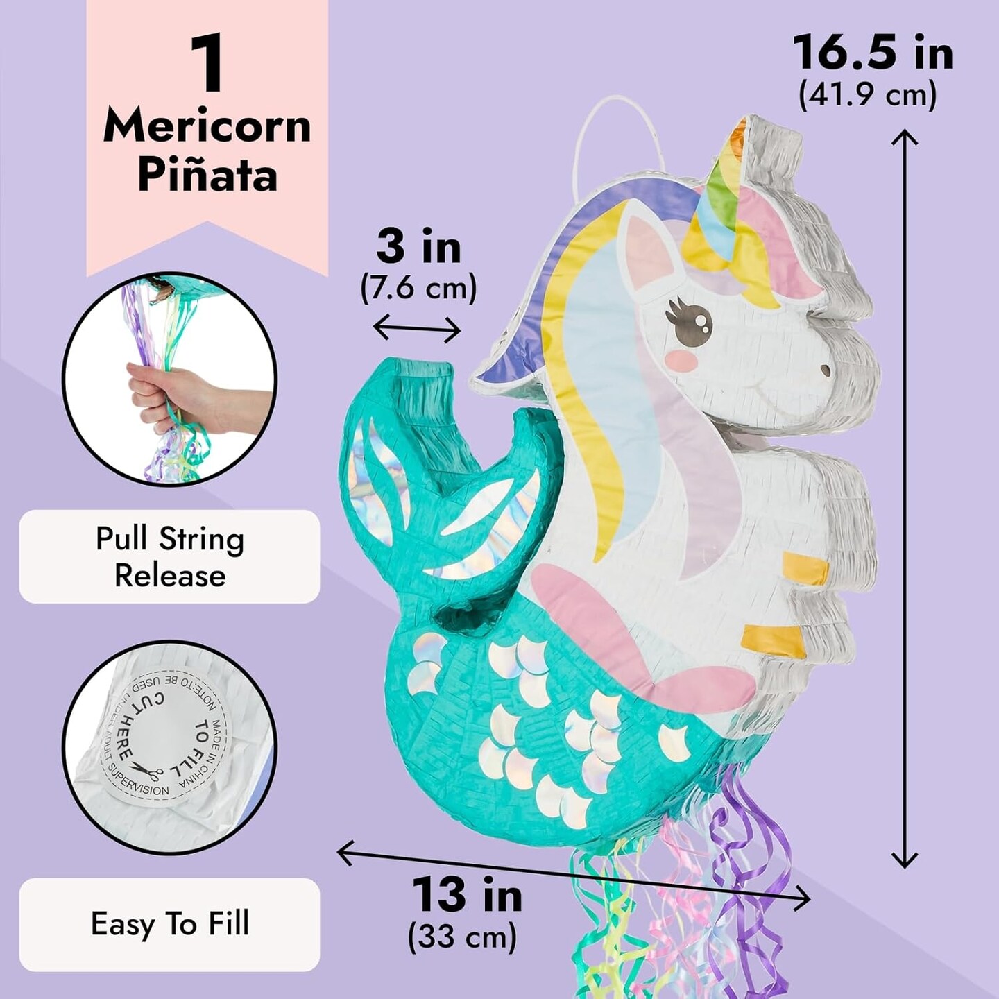 Unicorn Mermaid Pinata - Pull String Pinata for Girls Under the Sea Party Decorations, Rainbow Birthday