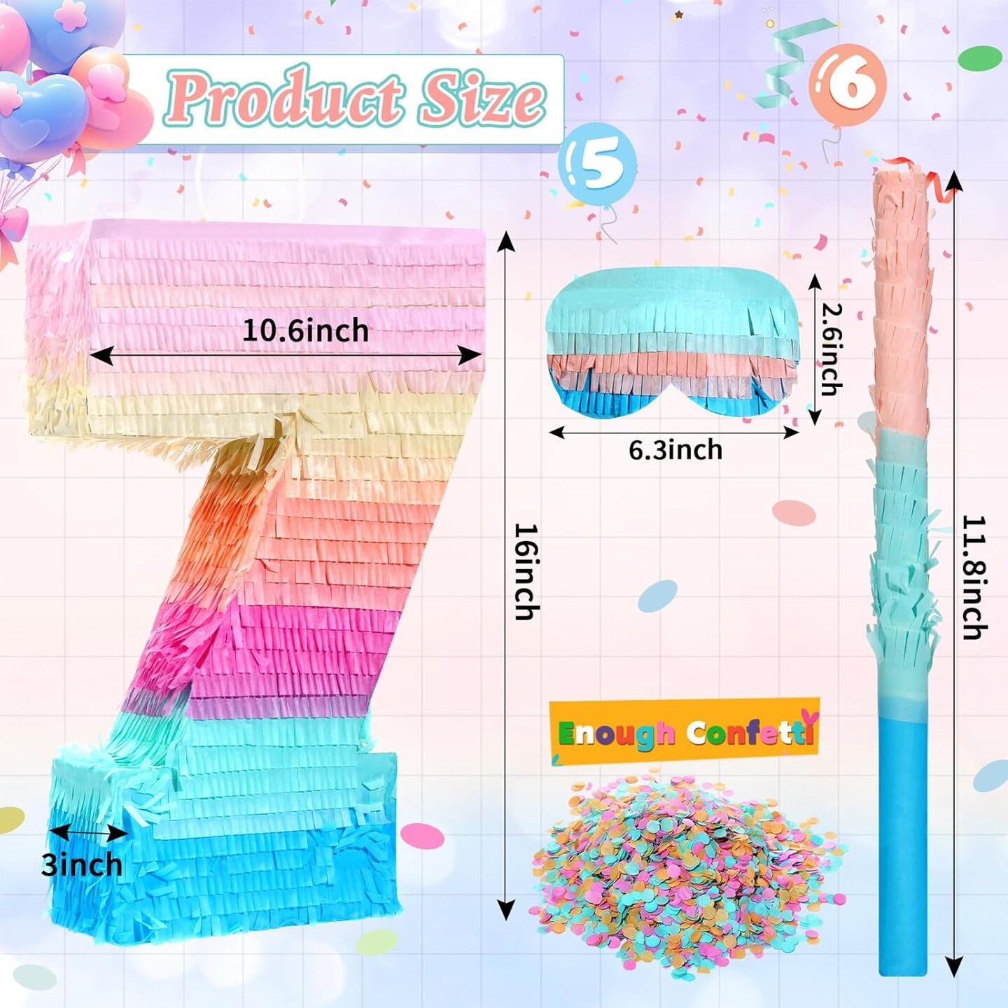 16 Inch Number Piñata Kids Birthday Party Macaron Piñata with Blindfold Stick and Confetti for Unicorn Birthday Wedding Baby Shower Decor(Number 7)