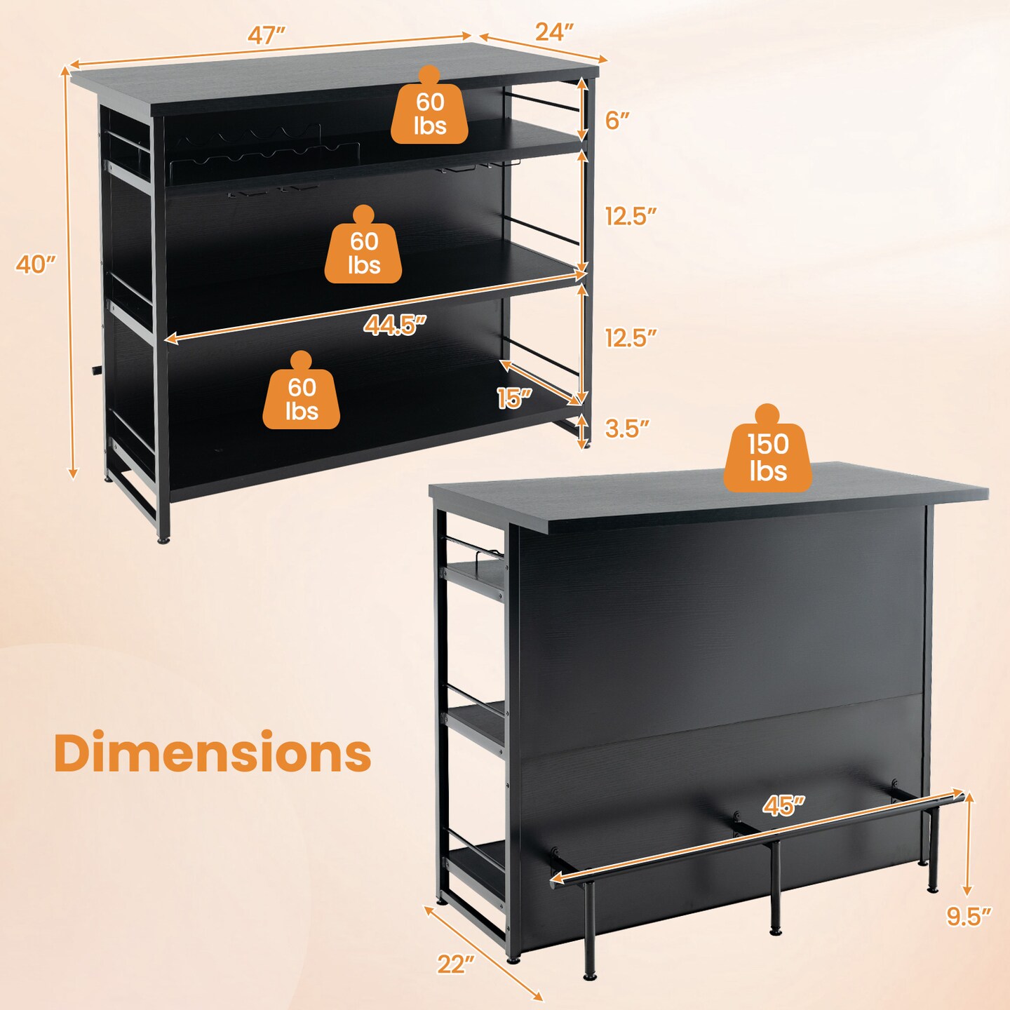Black 4-Tier Storage Shelf Kitchen Island with 5-Bottle Wine Rack and 4-Row Glass Holders