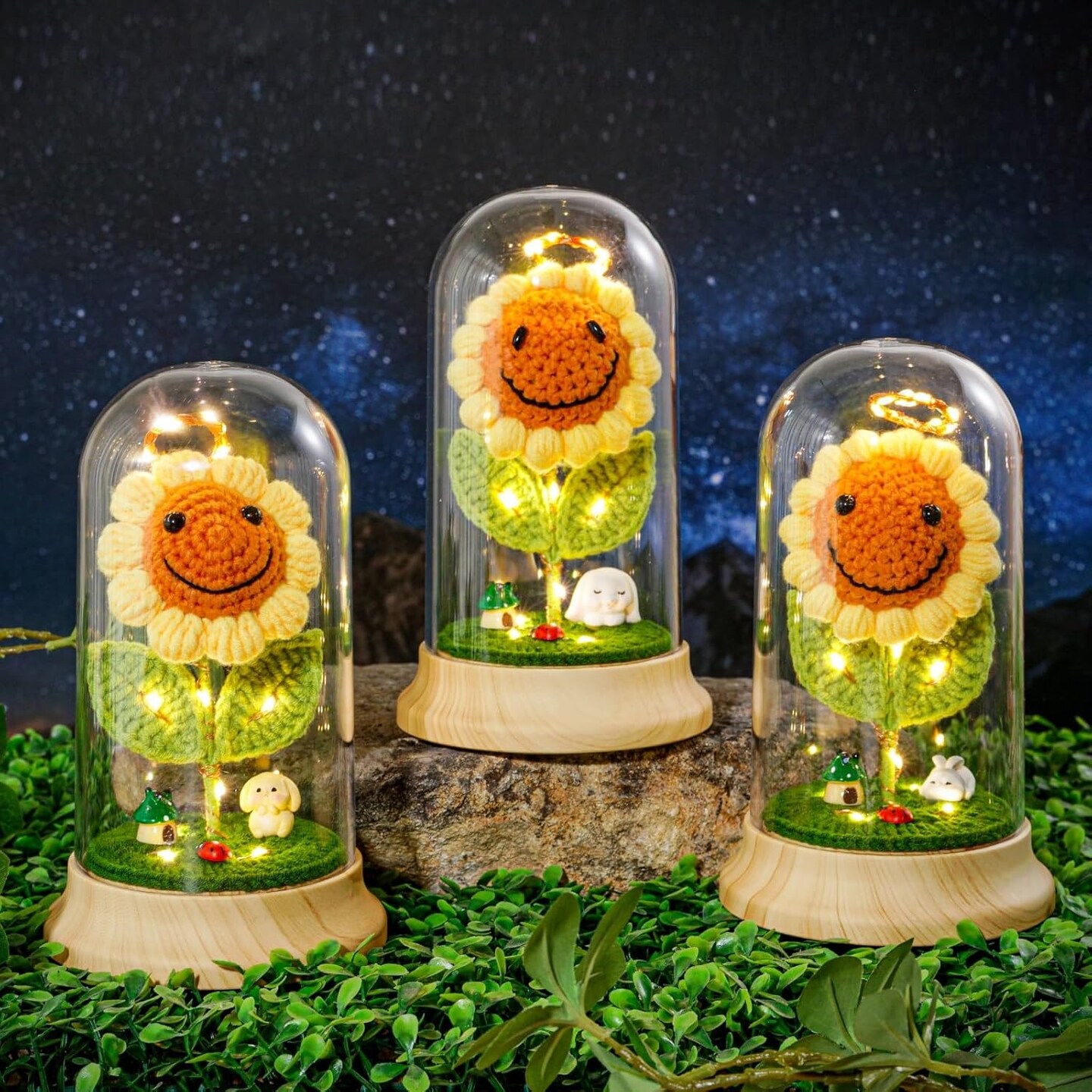 Sunflower Gifts for Women, with Led Glass Dome Smiley Crochet Artificial Sun Flower Desk Decorations, for Her Mom Mothers Day Birthday Christmas Valentine Gifts (W 4.3" X H 7.5")