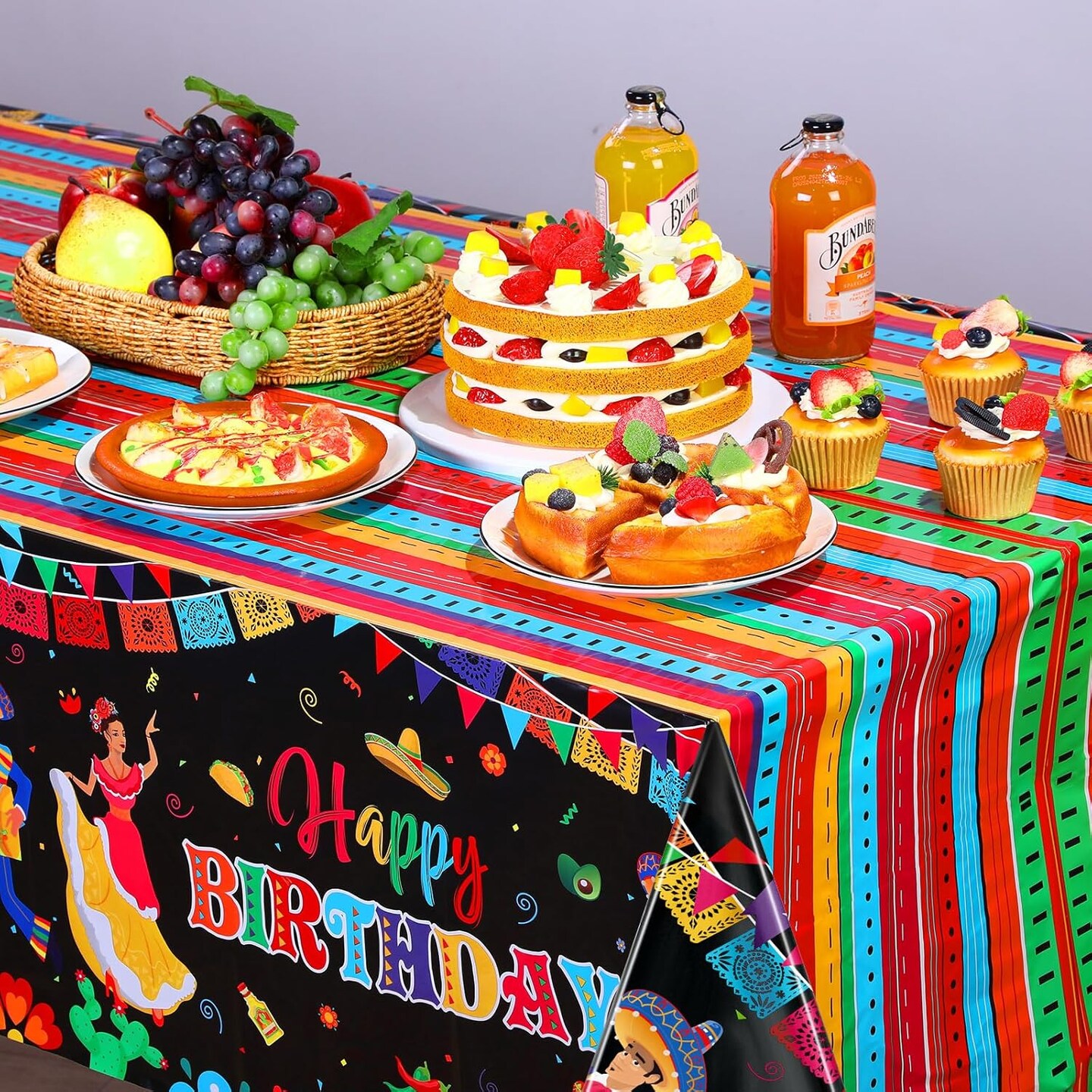 3 Pcs Mexican Fiesta Happy Birthday Fiesta Disposable Table Cover Plastic Cinco De Mayo Tablecover for Mexican Taco Night Birthday Party Decorations Supplies, 54 x 108 Inch