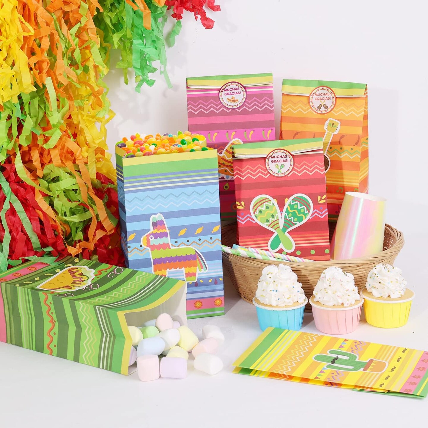 24 PCS Mexican Fiesta Party Favor Bags Paper Goodie Bags Cinco De Mayo Party Bags Taco Bar Decorations for Mexico Birthday Party Supplies Gift With Muchas Gracias Thank You Stickers