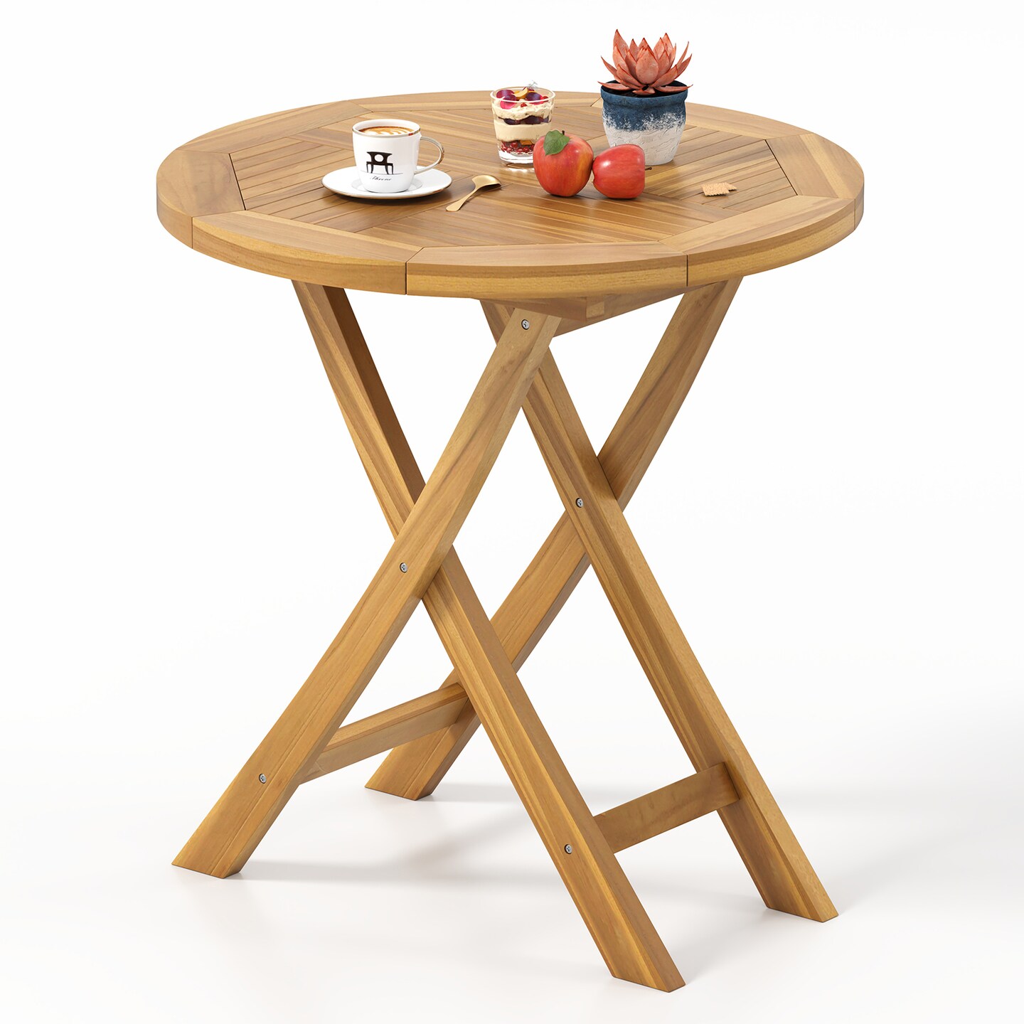 27.5&#x27;&#x27; Natural Teak Wood Outdoor Bistro Table Round Patio Dining Table with Slatted Top
