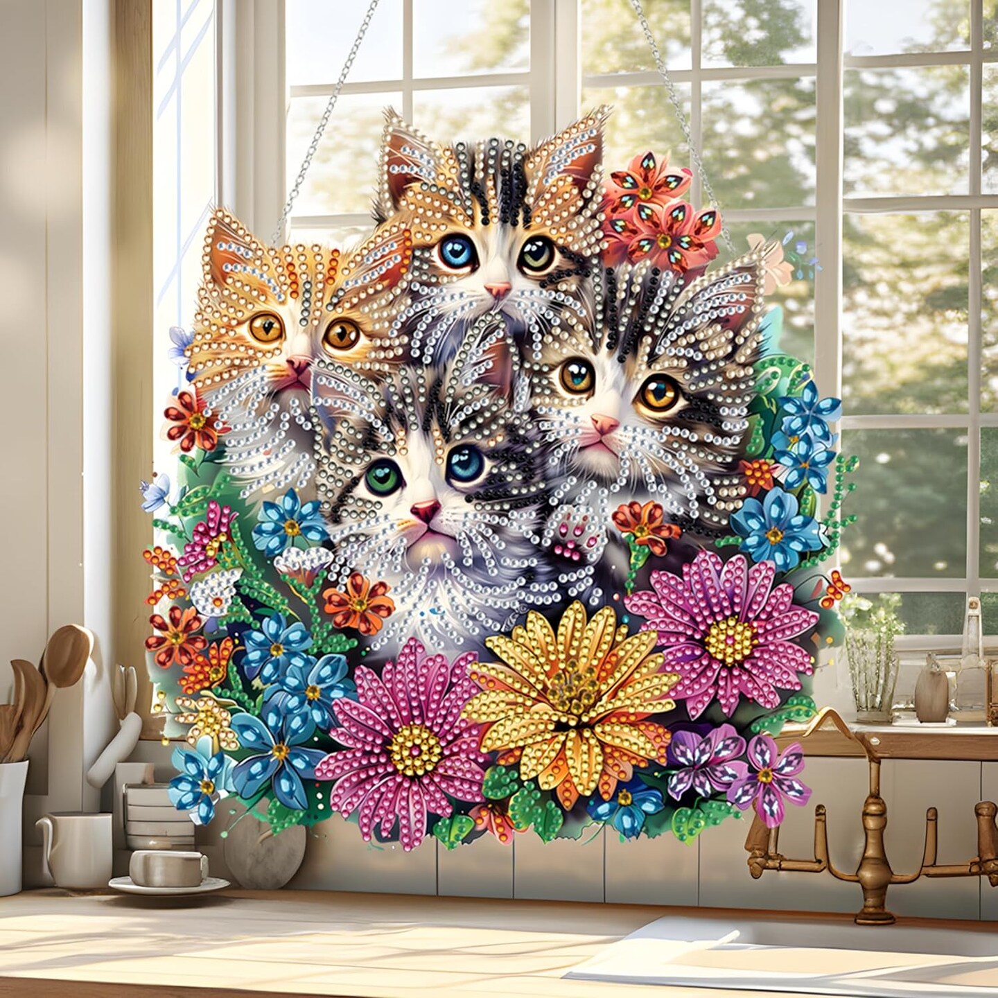 Diamond Painting Kit for Adult,Special Shaped Rhinestone,DIY Acrylic Diamond Art Painting Window Pendants Home Garden Wall Hanging Kits Hanging Ornament,Double Sided (Cat)
