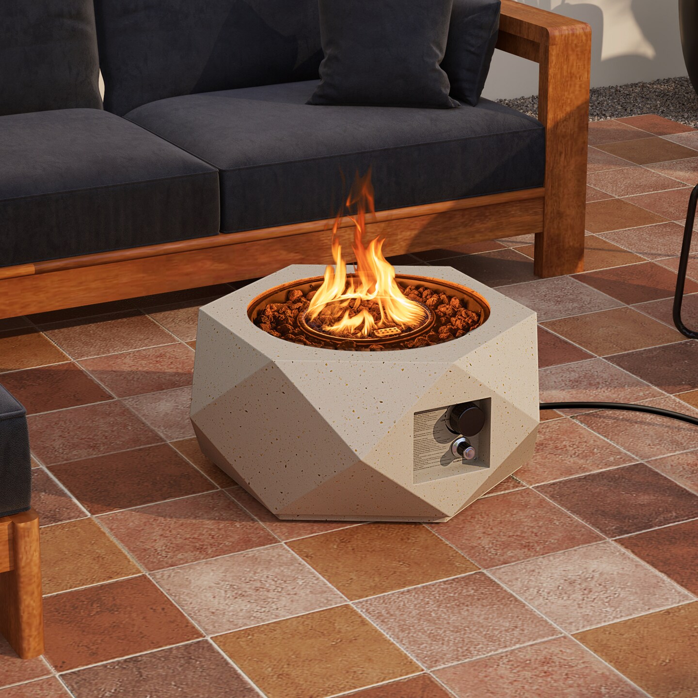 White Hexagon Terrazzo Fire Pit Table, 40,000 BTU and Stainless Steel Burner