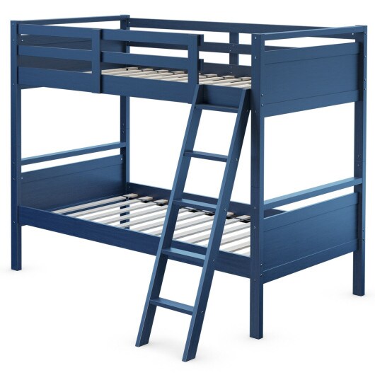 Convertible Twin Over Twin Bunk Bed in Blue &#x2013; Solid Wood &#x26; MDF, Guardrails &#x26; Ladder