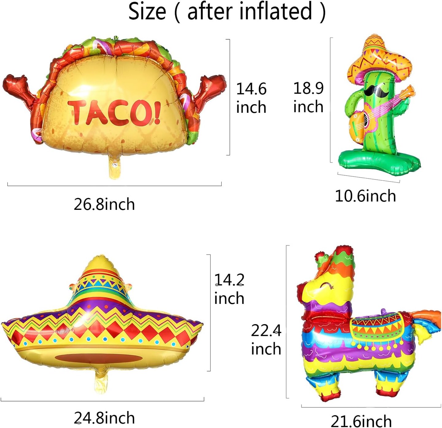 Mexican Fiesta Party Decorations 8Pcs Fiesta Balloons Mexico Taco Llama Cactus Sombrero Mylar Foil Balloons for Cinco De Mayo Taco Carnival Birthday Party Supplies
