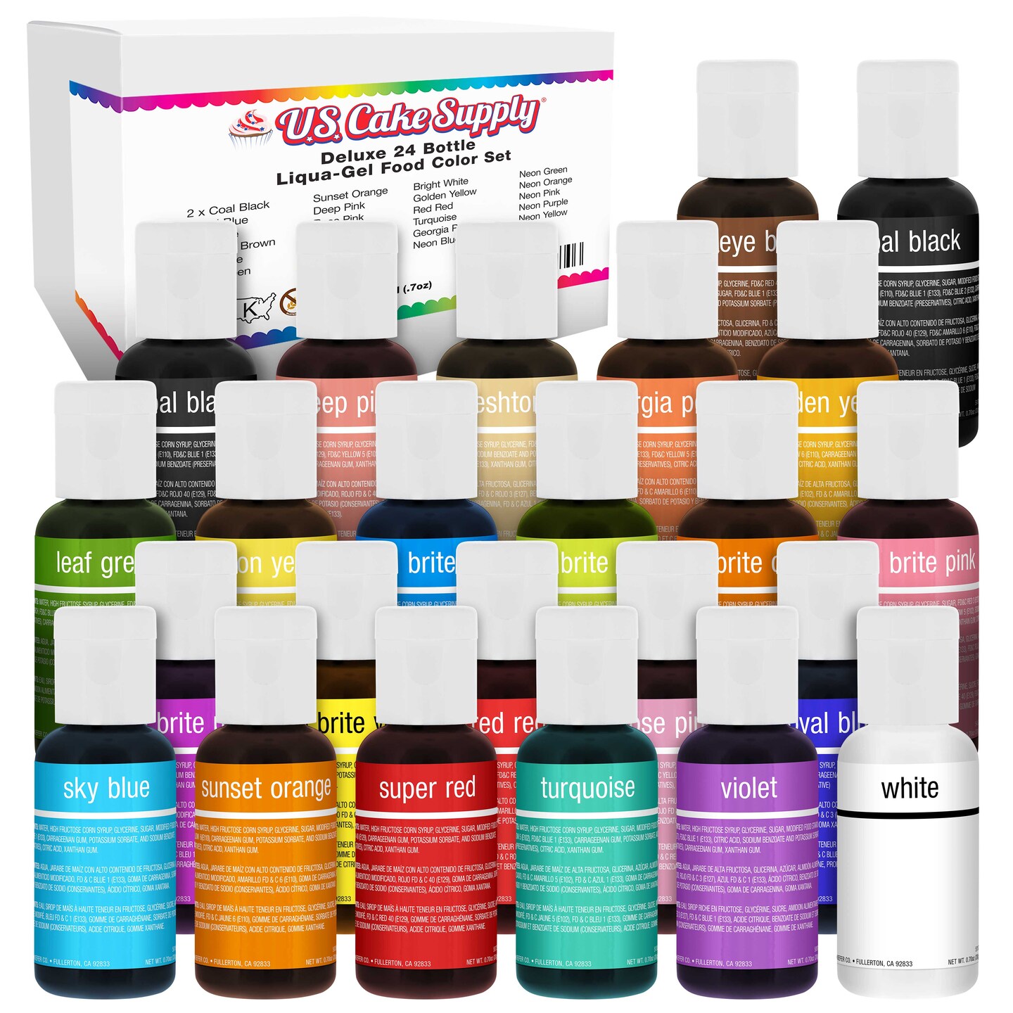 US Cake Supply by Chefmaster Liqua-Gel Cake Color Set - 24 Colors in 0.7 fl. oz. (20ml) Bottles - 12 Primary &#x26; 12 Secondary Set B Colors