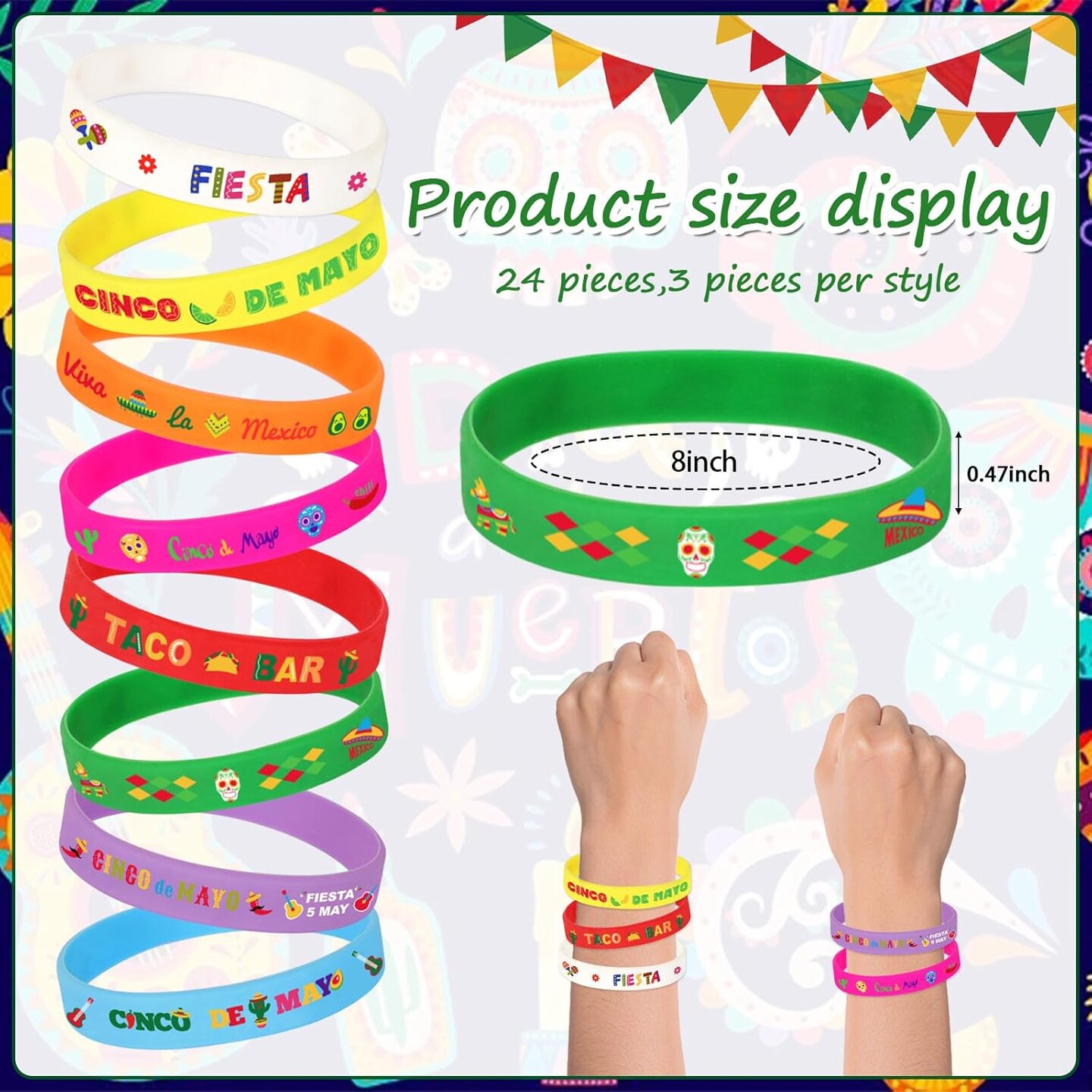 24pcs Mexican Fiesta Party Favors Silicone Bracelets Cactus Guitar Hat Rubber Wristbands for Fiesta Mexican Birthday Party Decorations Gift Goodie Bag Stuffers(8 Designs)