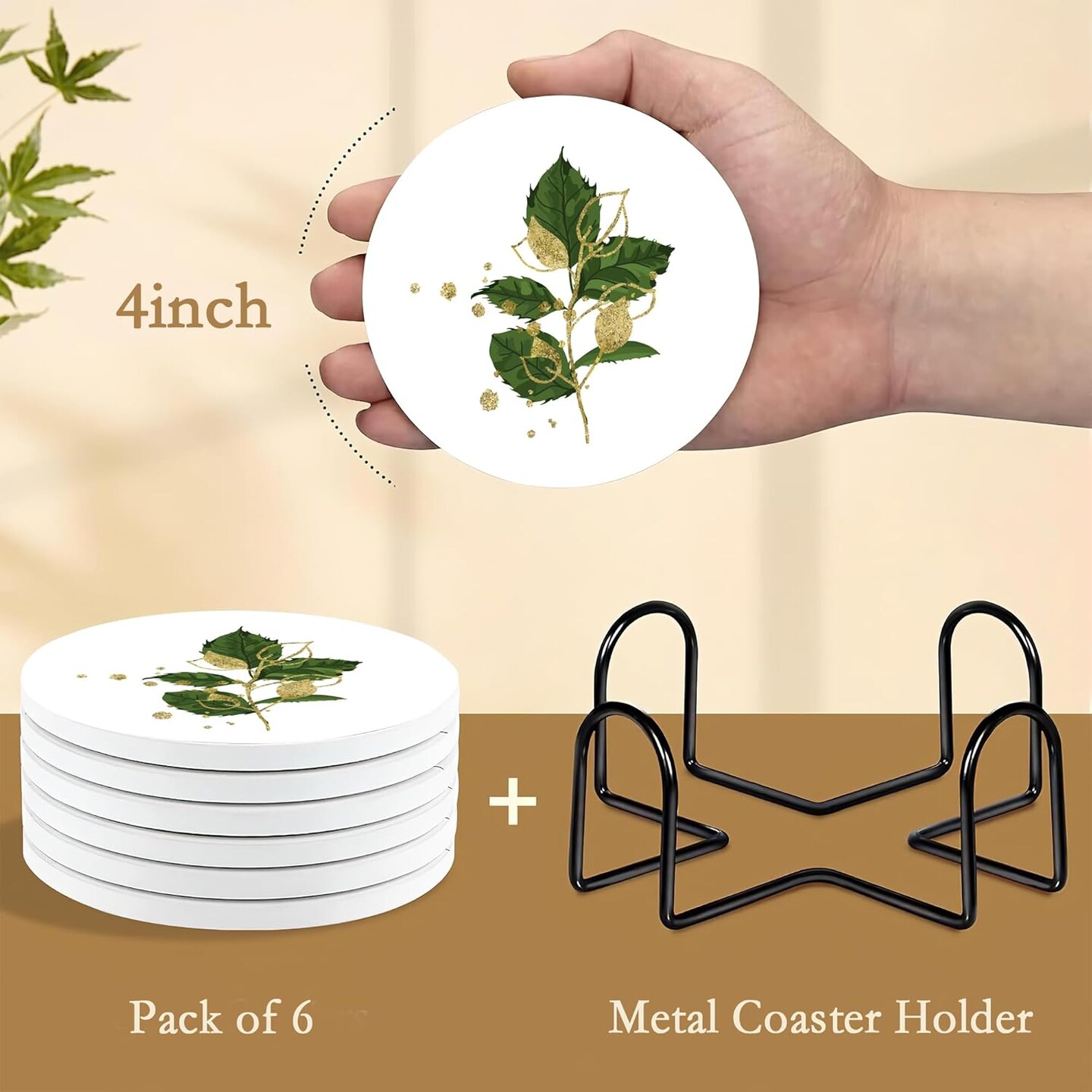 6 Pcs Green Plants Absorbent Ceramic Coasters with Cork Base