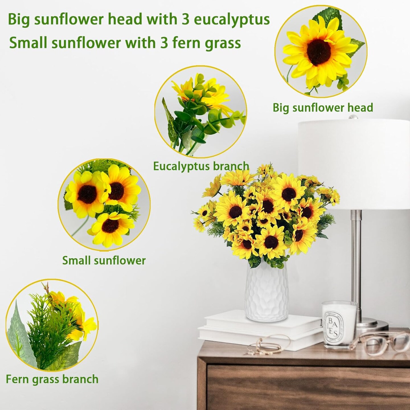Artificial Sunflower Bouquets, 15” Tall Silk Fake Sunflowers for Home Decor, DIY Garden Craft Arrangements (2 Pack)