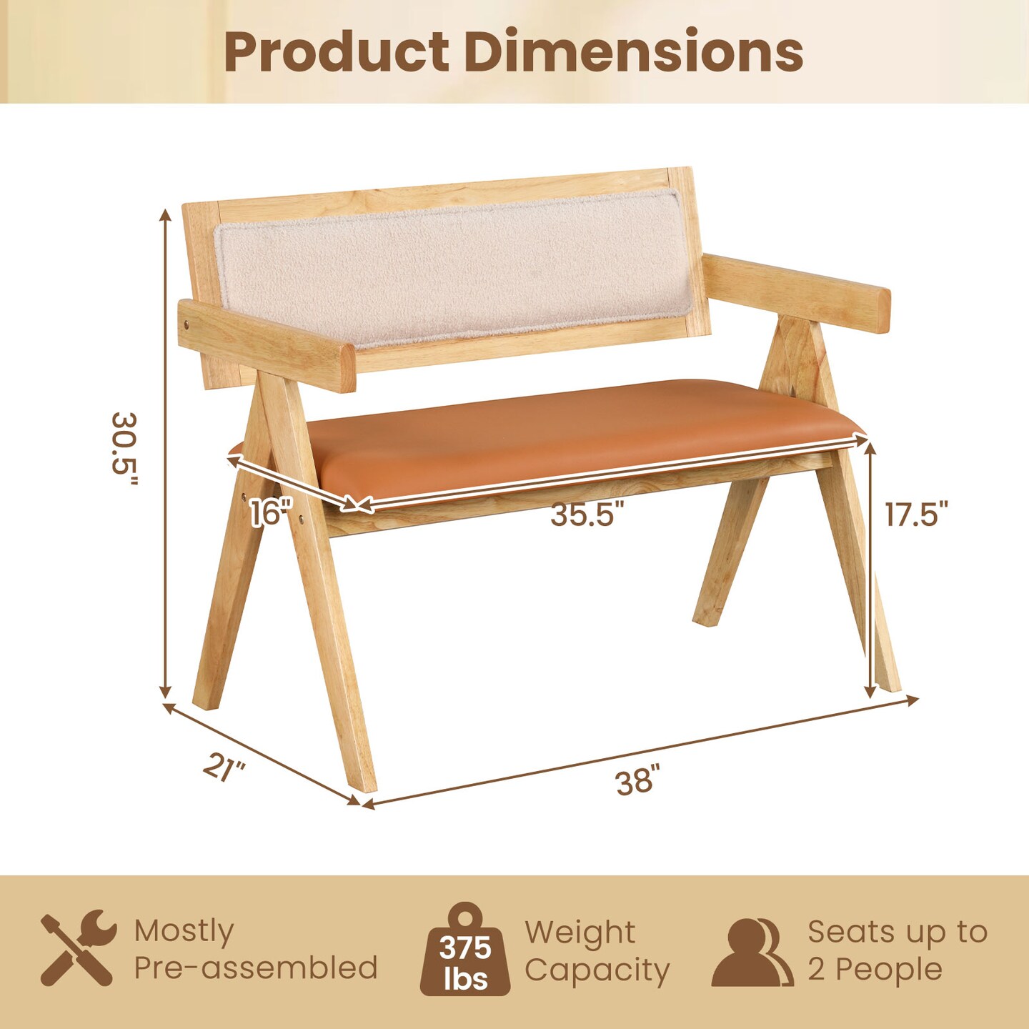 Natural Wood Dining Bench with Sherpa Upholstered Backrest and Soft-Padded Seat