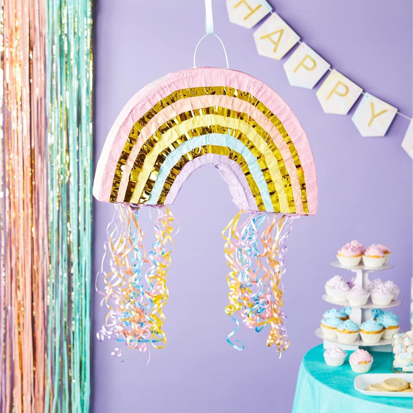 Rainbow Pull String Pinata for Pastel Birthday Decorations, Gender Reveal Party Supplies (Small, 16.5 x 10 x 3 In)