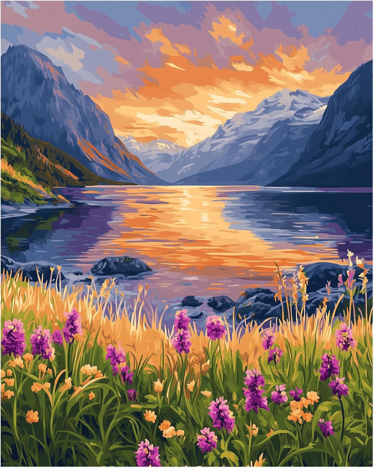 Lake Landscape Paint by Number for Adult, Mountain Flower Paint by Number Kits, Sunset Scenery Nature Spring DIY Acrylic Painting for Home Decor(16×20inches, No Frame)