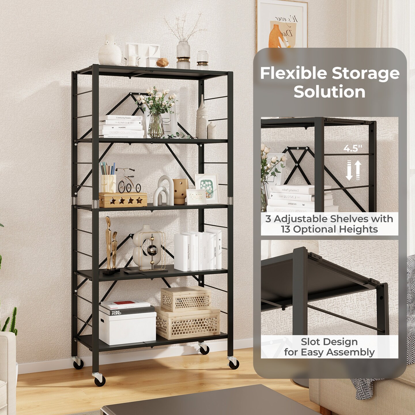 Black Metal Foldable Storage Shelf and Adjustable 5-Tier Shelves with Wheels