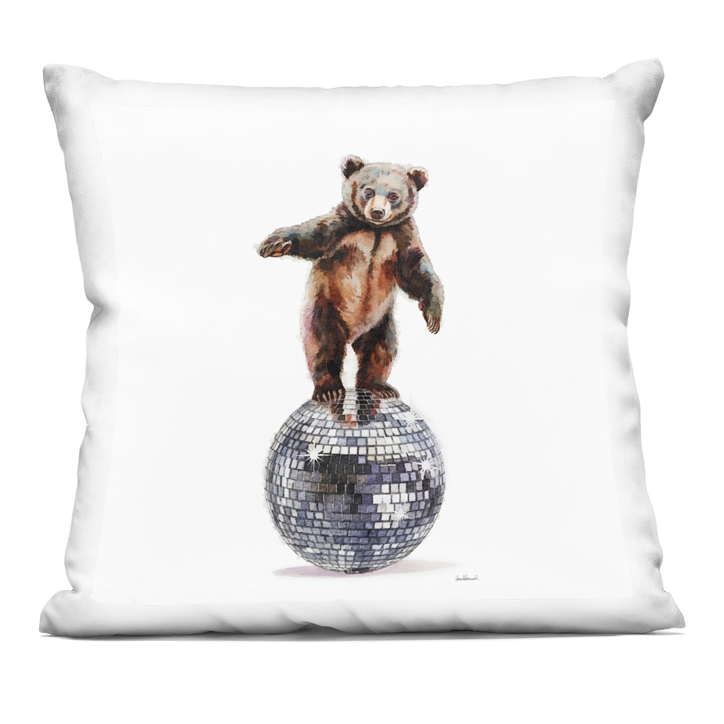 Stupell Industries Bear Balancing on Disco Ball Decorative Printed Pillow design by Amanda Greenwood, 18 x 7 x 18
