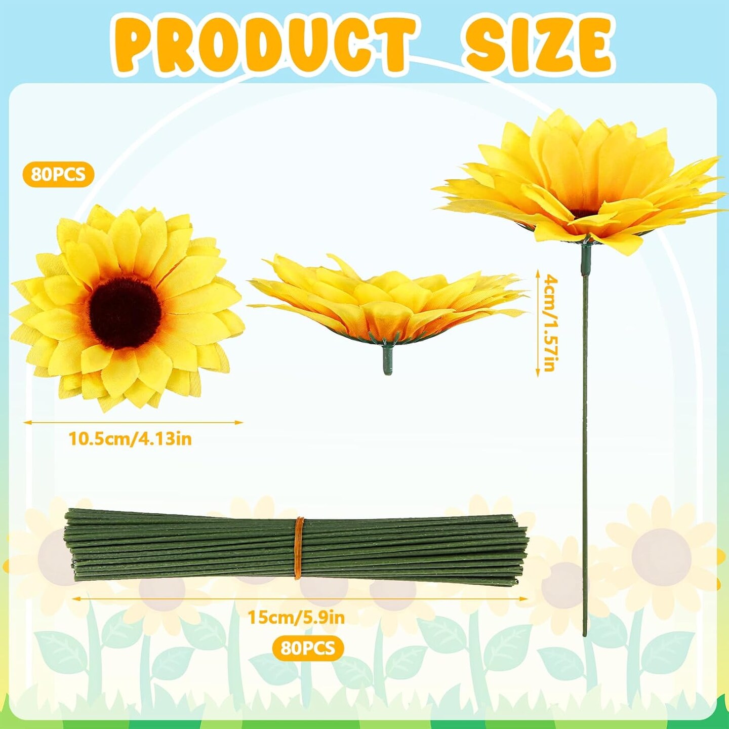 80 Pcs Summer Sunflowers &#x2013; 4.1&#x22; Yellow Artificial Flower Heads with Stems for DIY Projects &#x26; Seasonal Home Decor Floral Arrangements