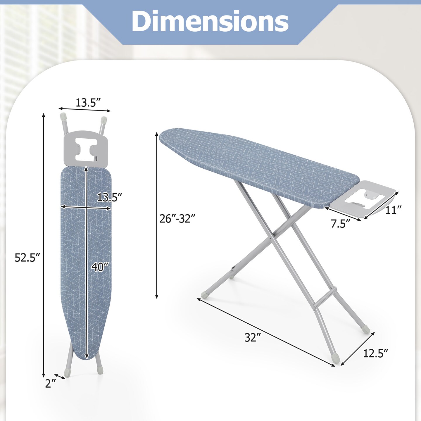 Adjustable Ironing Board &#x2013; 7-Height Carbon Steel Iron Table with Heat-Resistant Cover &#x26; Iron Rest