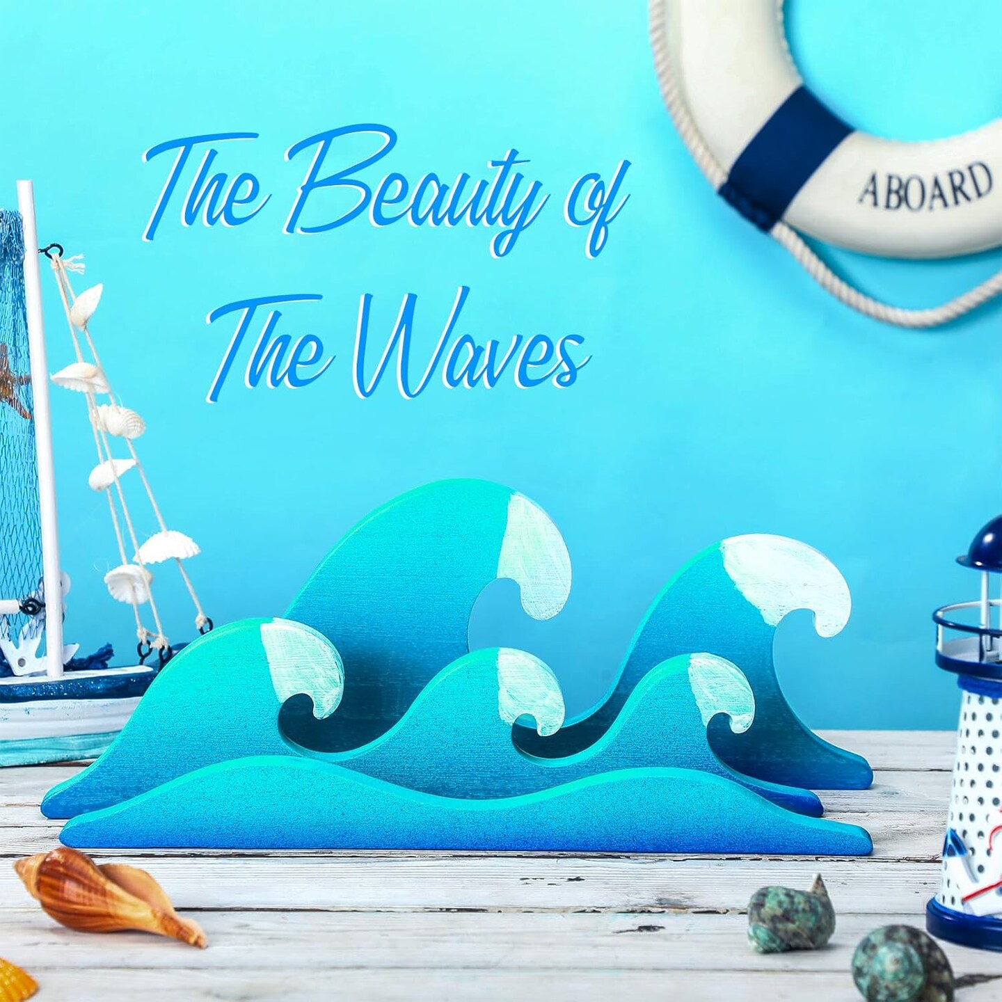 Summer Ocean Wave Wooden Decor &#x2013; Summer Themed Tabletop Decoration, Waves Table Centerpiece for Beach House, Holiday Gifts, and Ocean Party Supplies