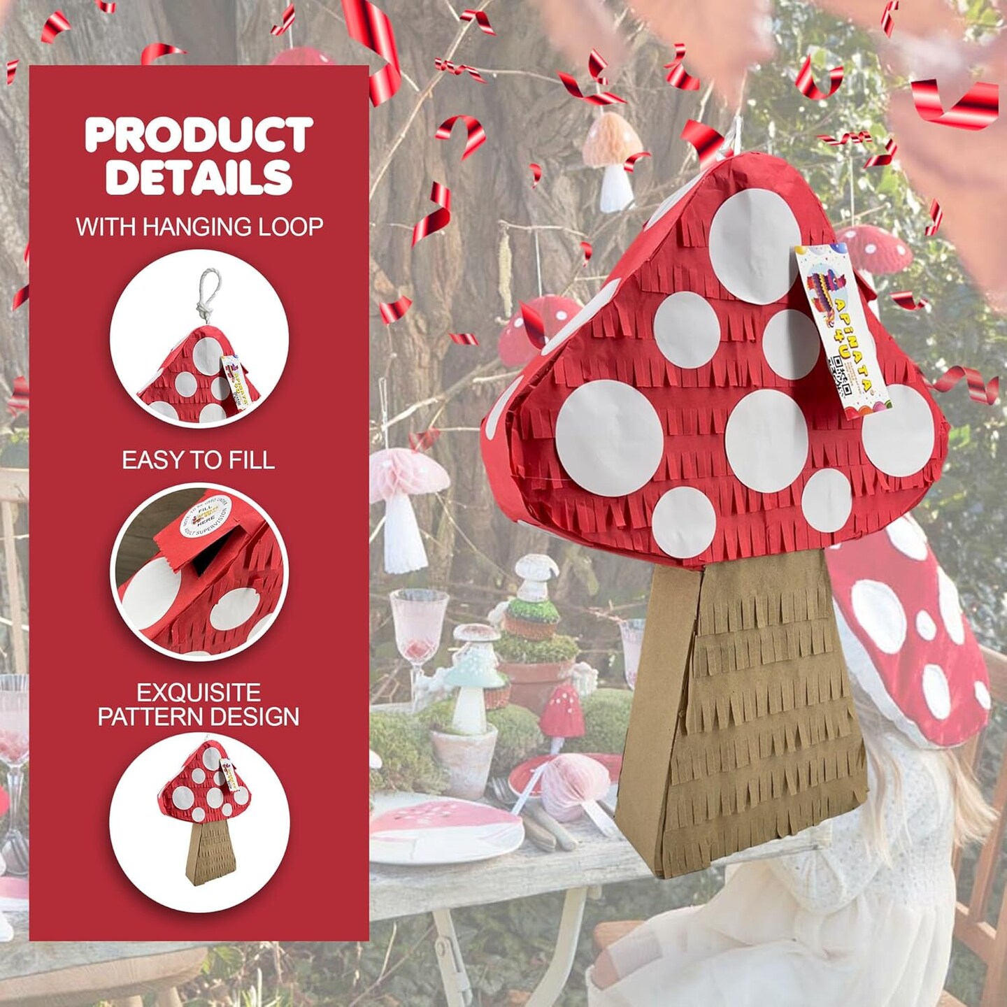Mushroom Themed Pinata, Red &#x26; Brown Color with White Dots, Elevate Your Woodland Birthday Celebration with Vibrant Supplies and Eye Catching Decoration, Forest Party Favor