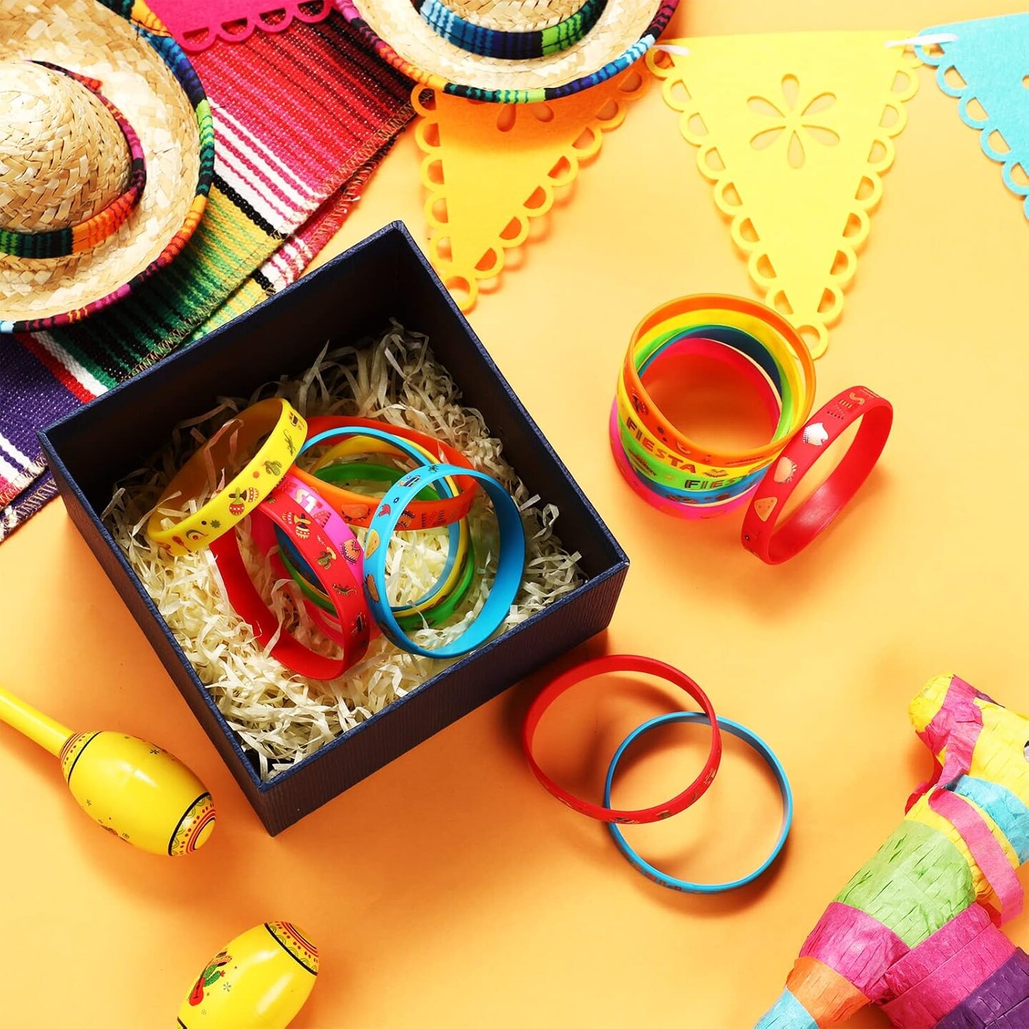 24 Pcs Mexican Fiesta Party Favors, Cinco De Mayo Gifts, Mexican Bracelets with Taco Cactus Pi&#xF1;ata Pattern for taco party favors(Fiesta)