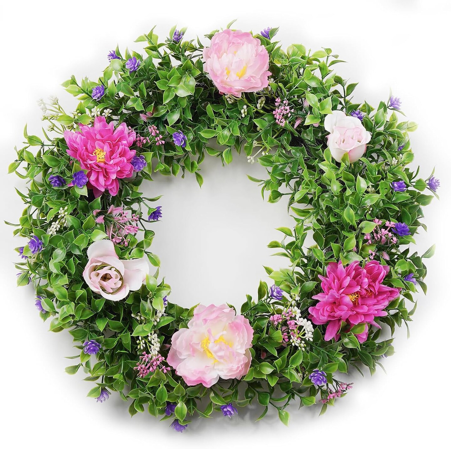 Summer Wreath for Front Door – 18" Artificial Floral Wreath with Green Leaves, Weatherproof Rustic Wreath for Farmhouse Home Decor