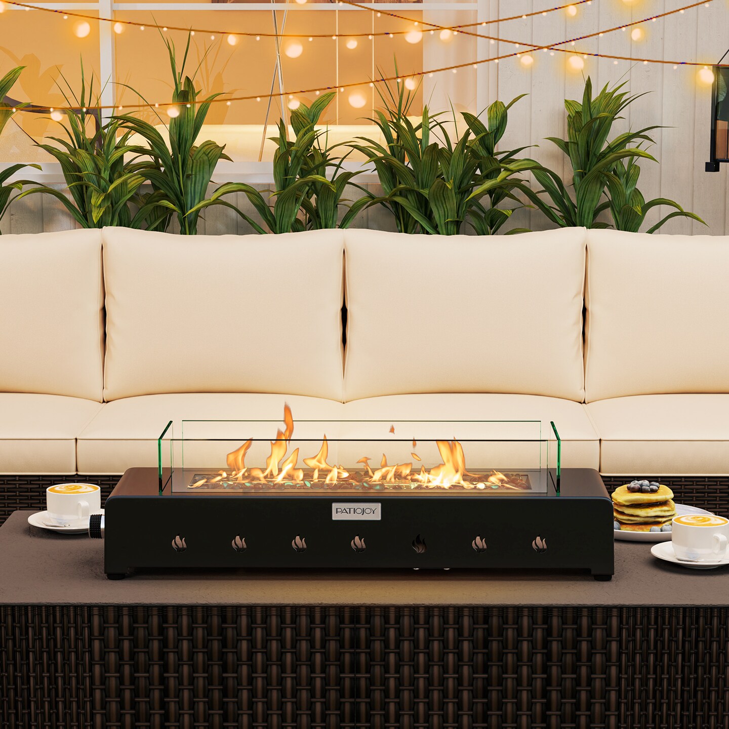 Black Metal Tabletop Fire Pit with Glass Rocks, 40,000 BTU and Adjustable Flame