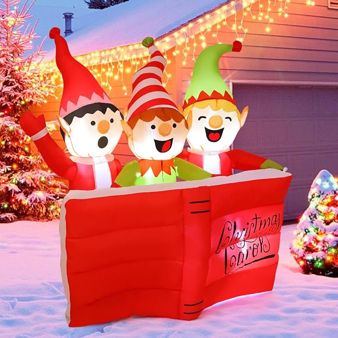 GOOSH 5 FT Christmas Inflatables Elf High Scripture Reading Book with Built-in LEDs