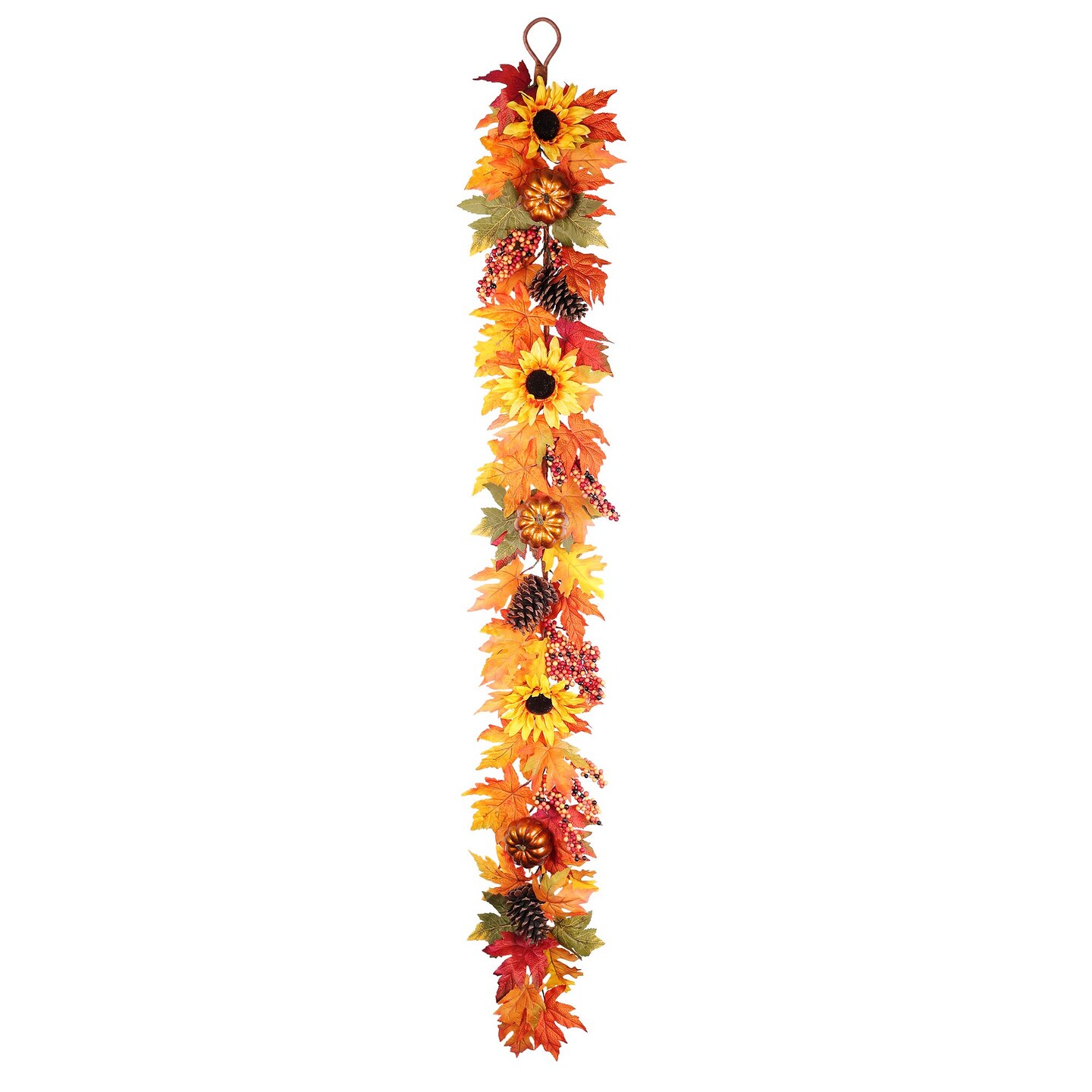 Haute Decor 6 Foot Long Fall Sunflower Artificial Garland with Real Pinecones, Faux Berries, Autumn Leaves and Painted Pumpkins