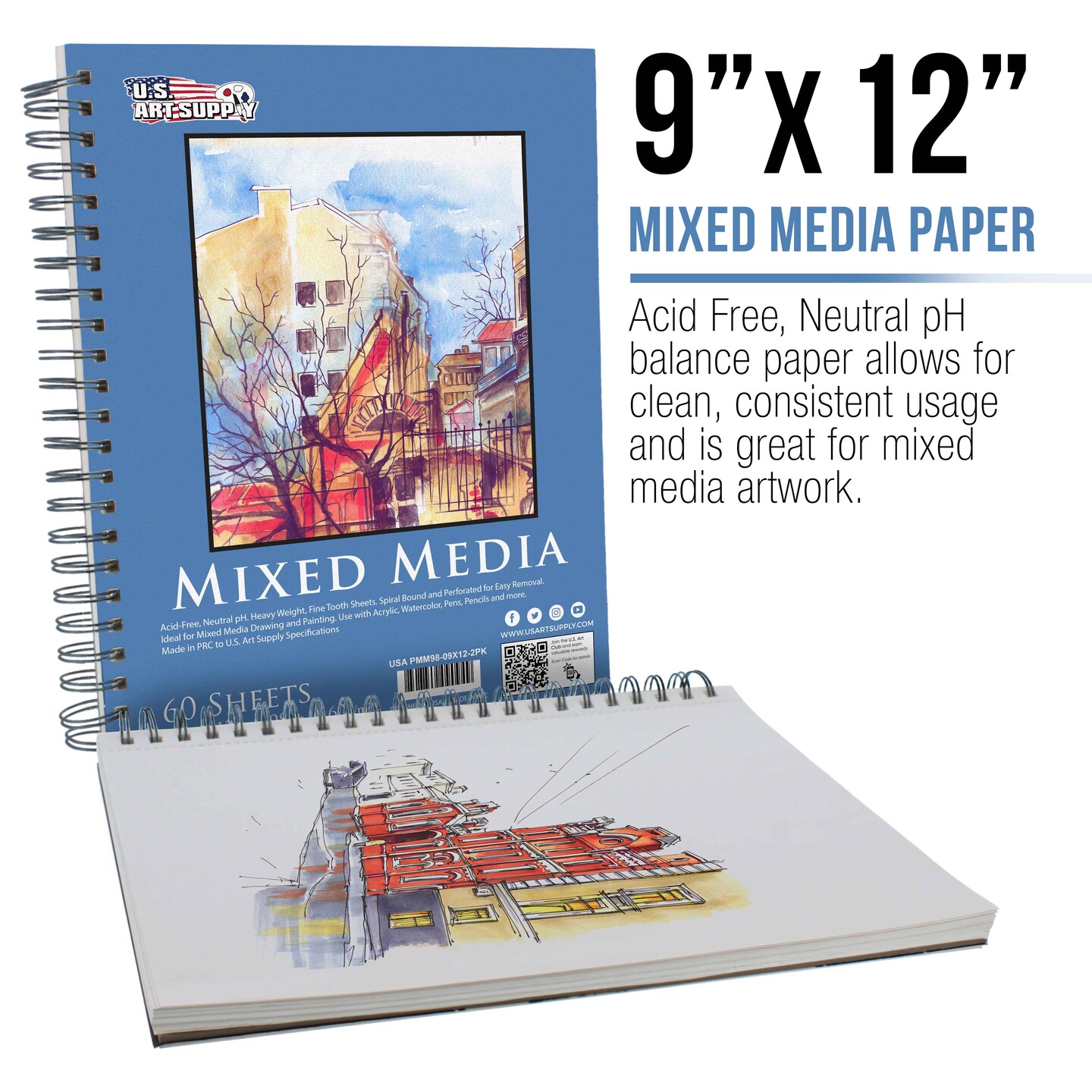 9&#x22;x12&#x22; Mixed Media Sketchbook, 2 Pack (60 Sheets), 98 lb (160 gsm) - Spiral-Bound Pad with Perforated Acid-Free Paper - Artist Sketch Book For Drawing, Painting, Watercolor