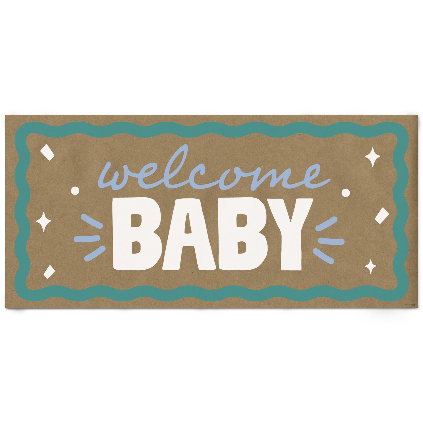 Big Dot of Happiness Blue and Teal Wavy Welcome Baby Kraft Paper Banner, Retro Baby Shower Backdrop, Printed Brown Paper Party Decoration – 1 Count