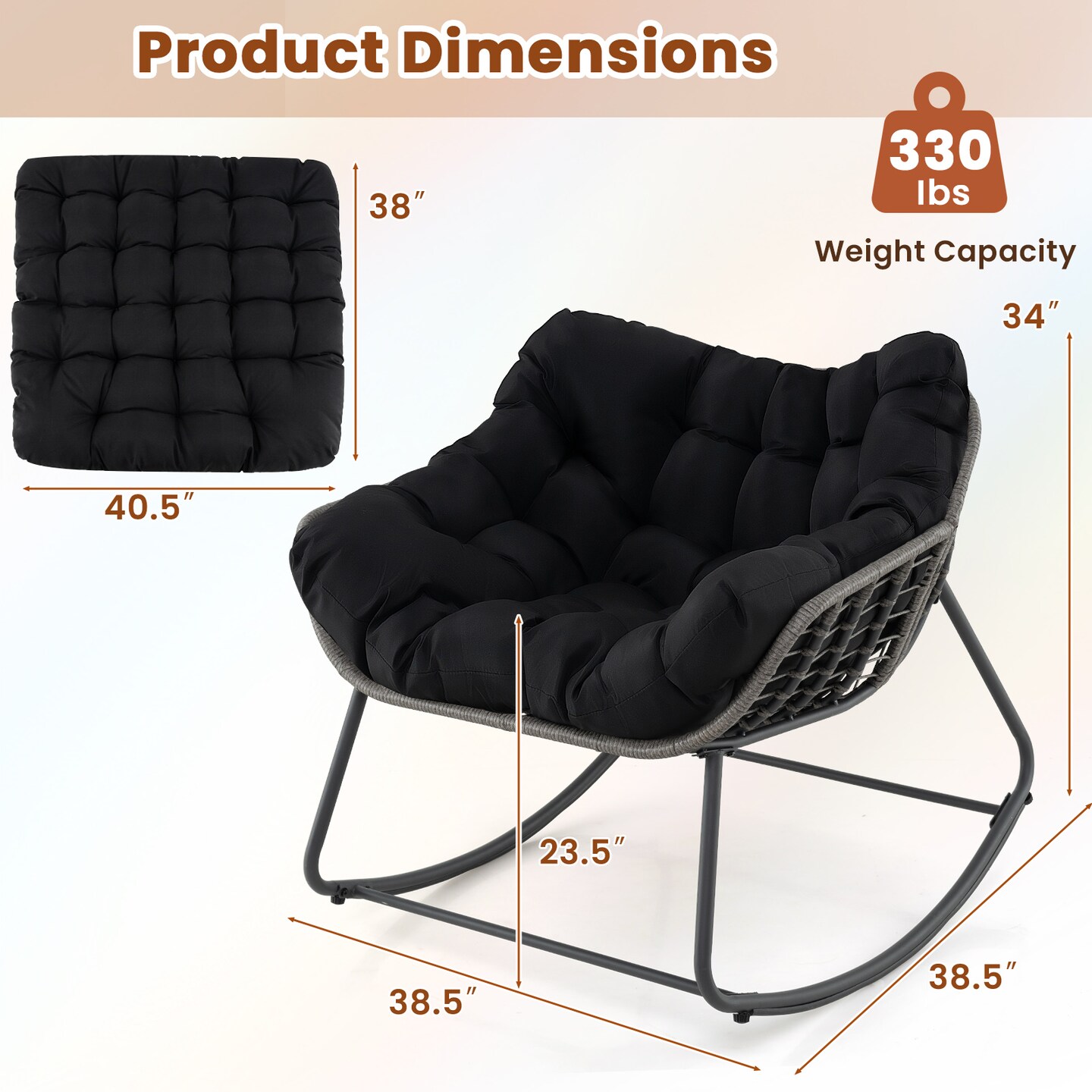 Rattan Metal Rocking Egg Chair with Cushion for Patio and Indoor