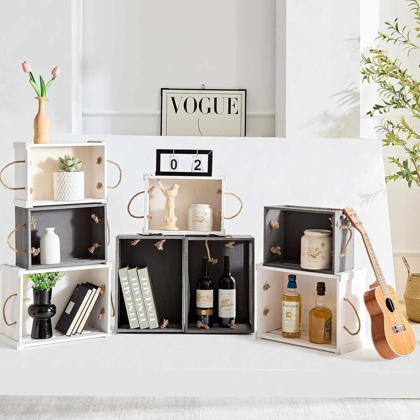 Farmhouse Crates for Storage and Display - Durable Wooden Box with Rope Handles, 2 Pack White Crates