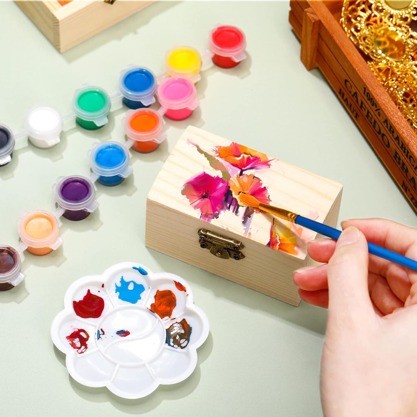 Unfinished Wood Treasure Chest with 10 Paintbrushes, Small Treasure Craft Boxes with Locking Clasp Wooden Storage Box