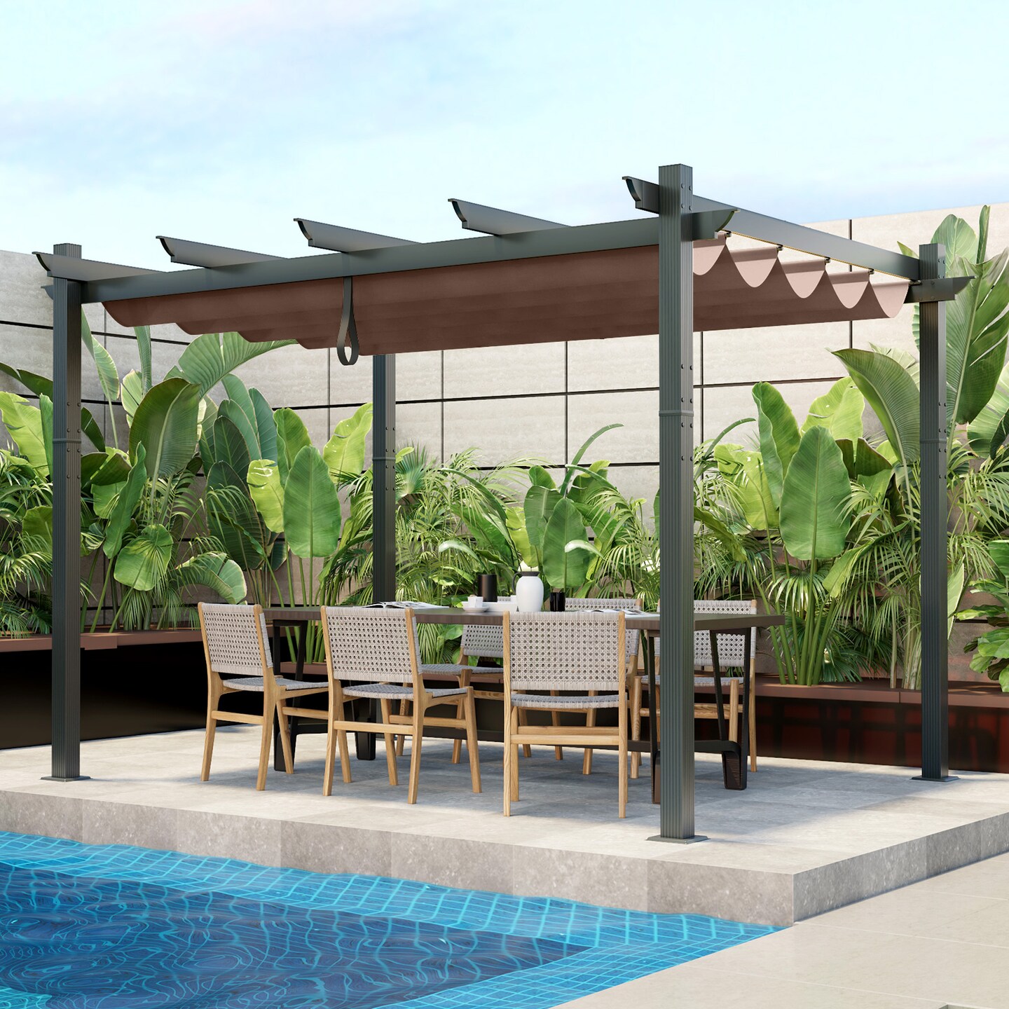 Retractable Pergola with Aluminum Frame and Trellis